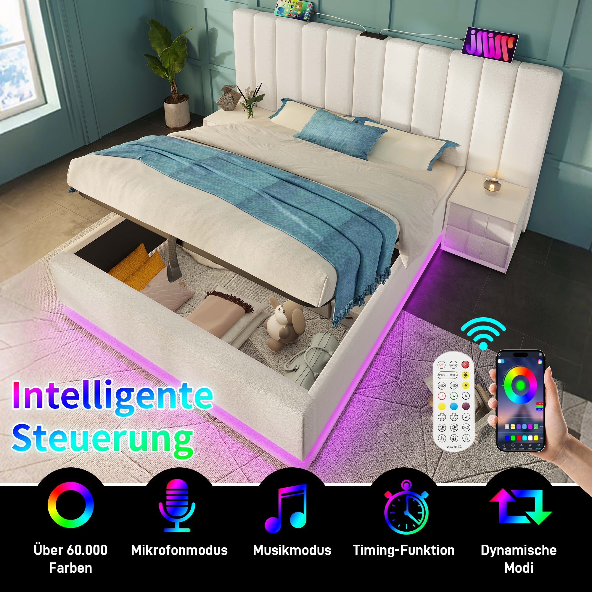 Logidon gestoffeerd bed 160x200 wit app bediening LED USB oplaadfunctie