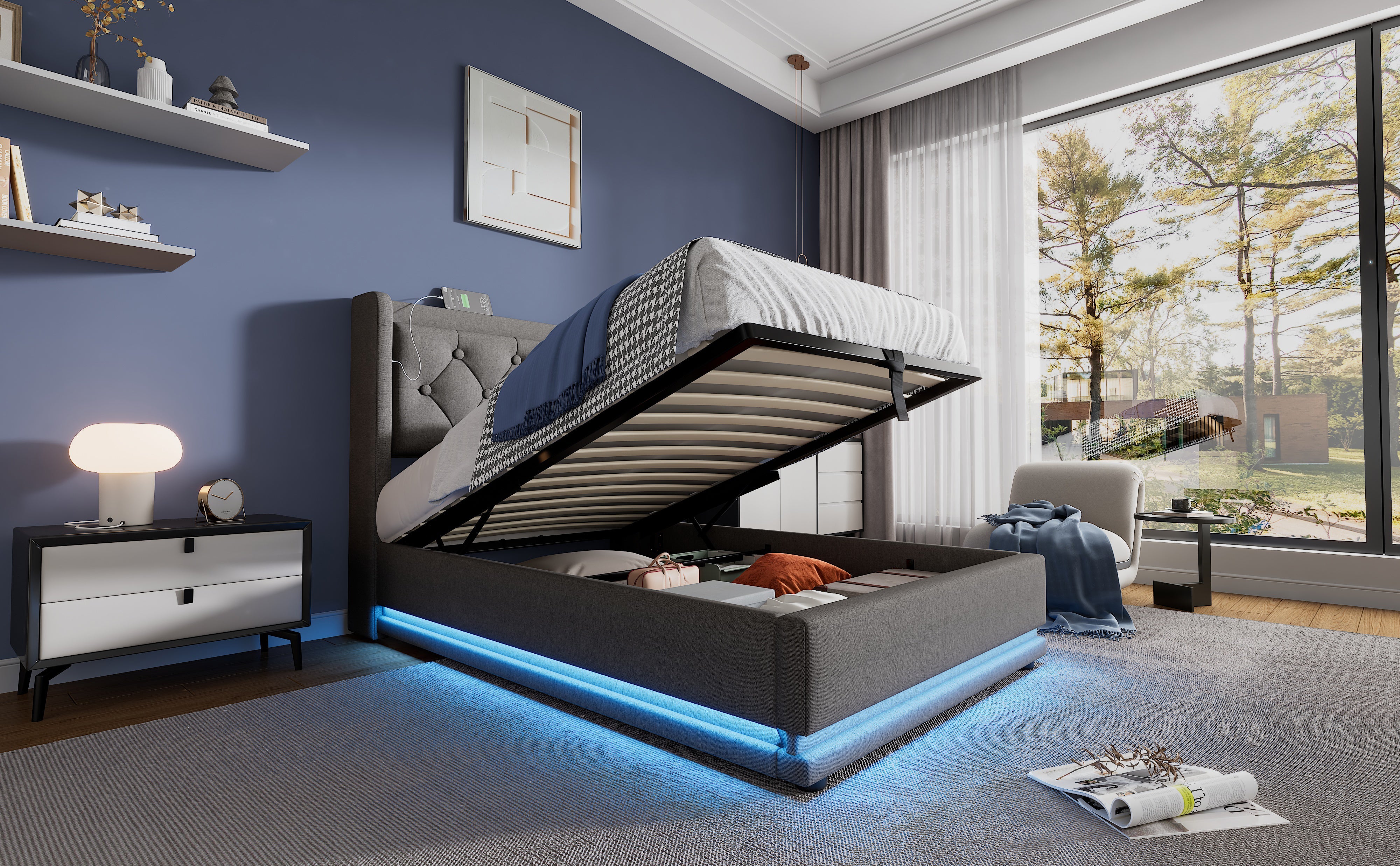 Logidon gestoffeerd bed 90x200 cm grijs met USB-C oplaadfunctie en LED