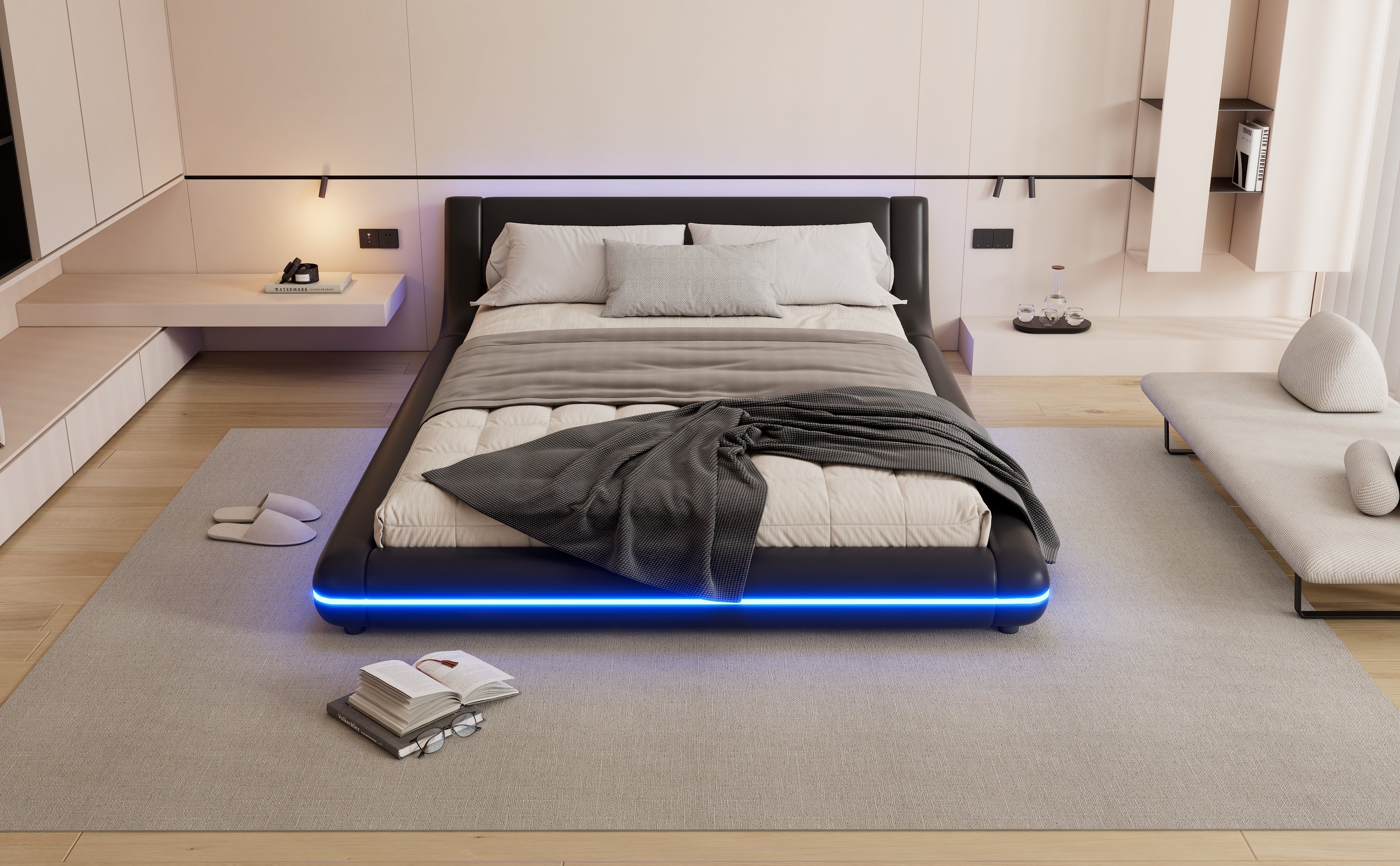 Logidon flat bed 140x200 cm faux leather black LED lighting