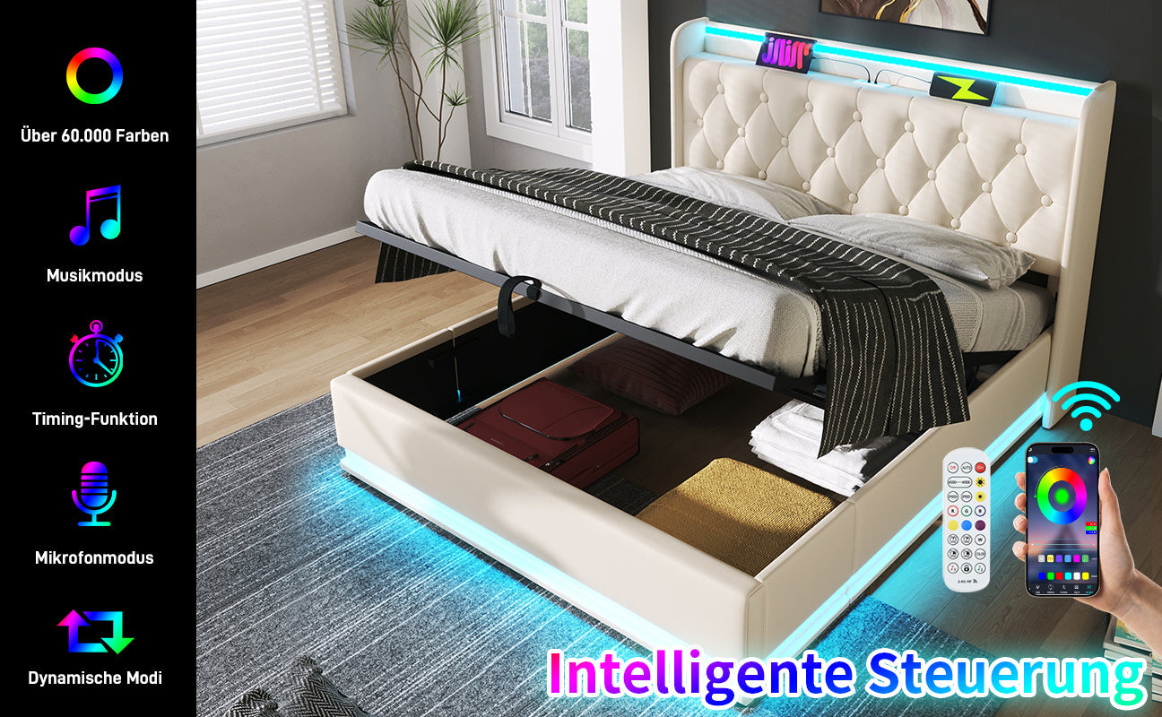 Logidon gestoffeerd bed tweepersoonsbed 180x200 cm wit PU, 360 surround LED