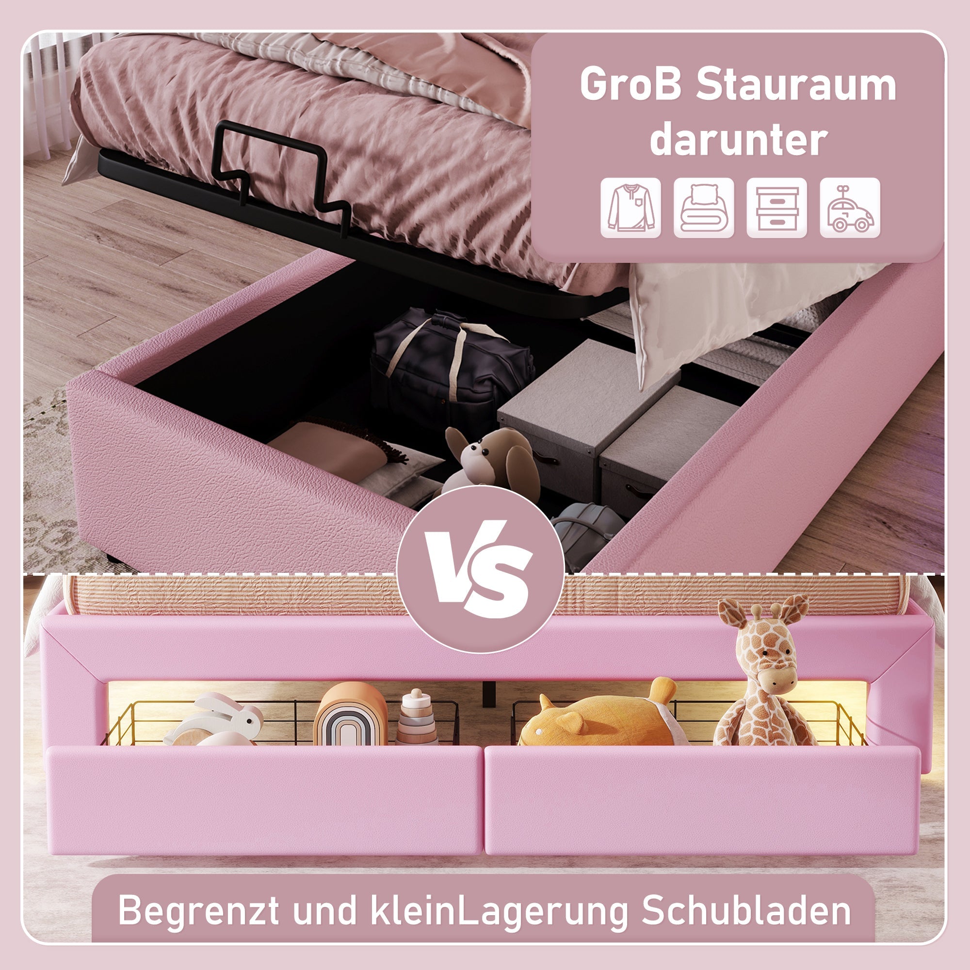 Logidon gestoffeerd bed 90x200 roze met sfeerlicht en opbergruimte