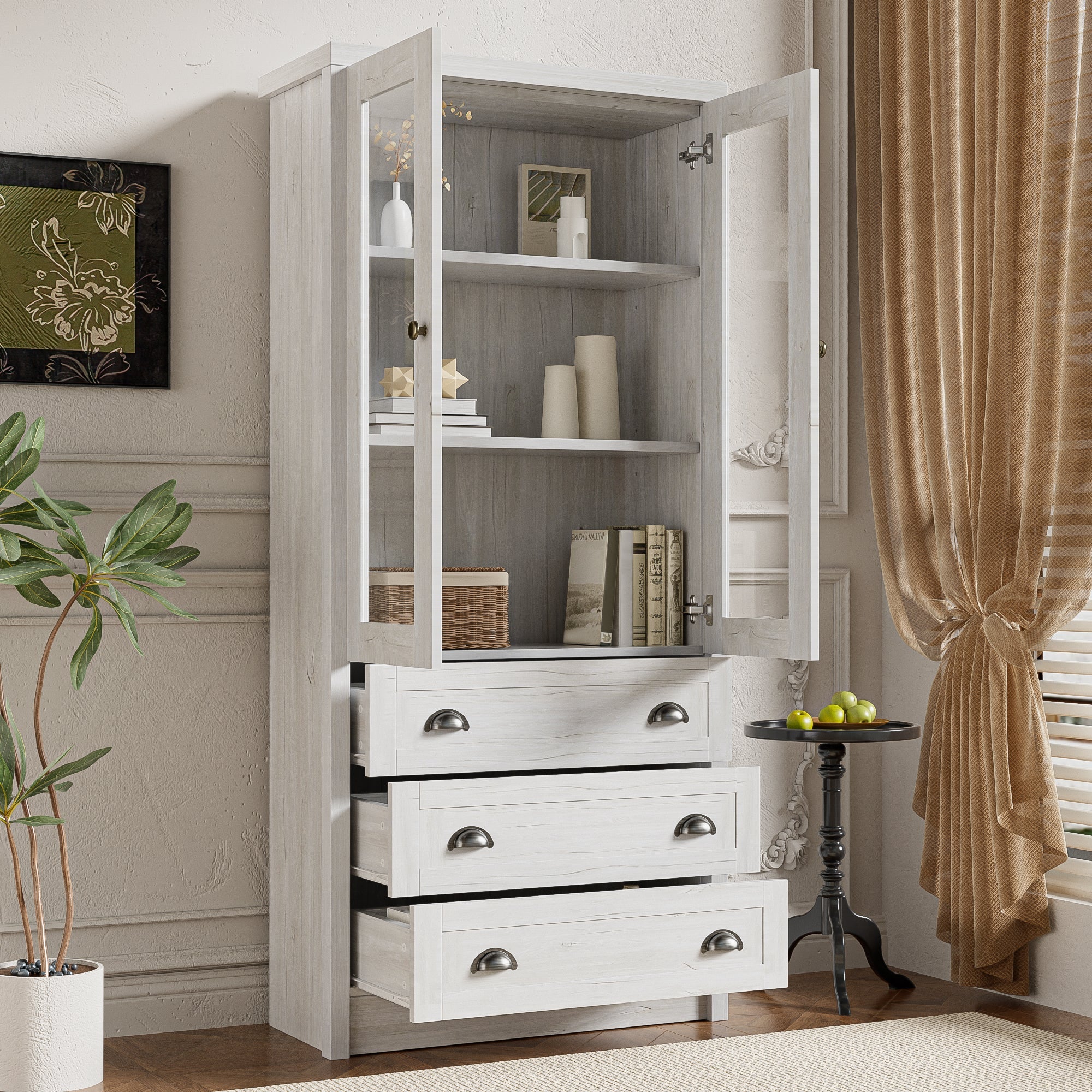Logidon Modern highboard 80x34x171 cm wood look glass doors copper handles