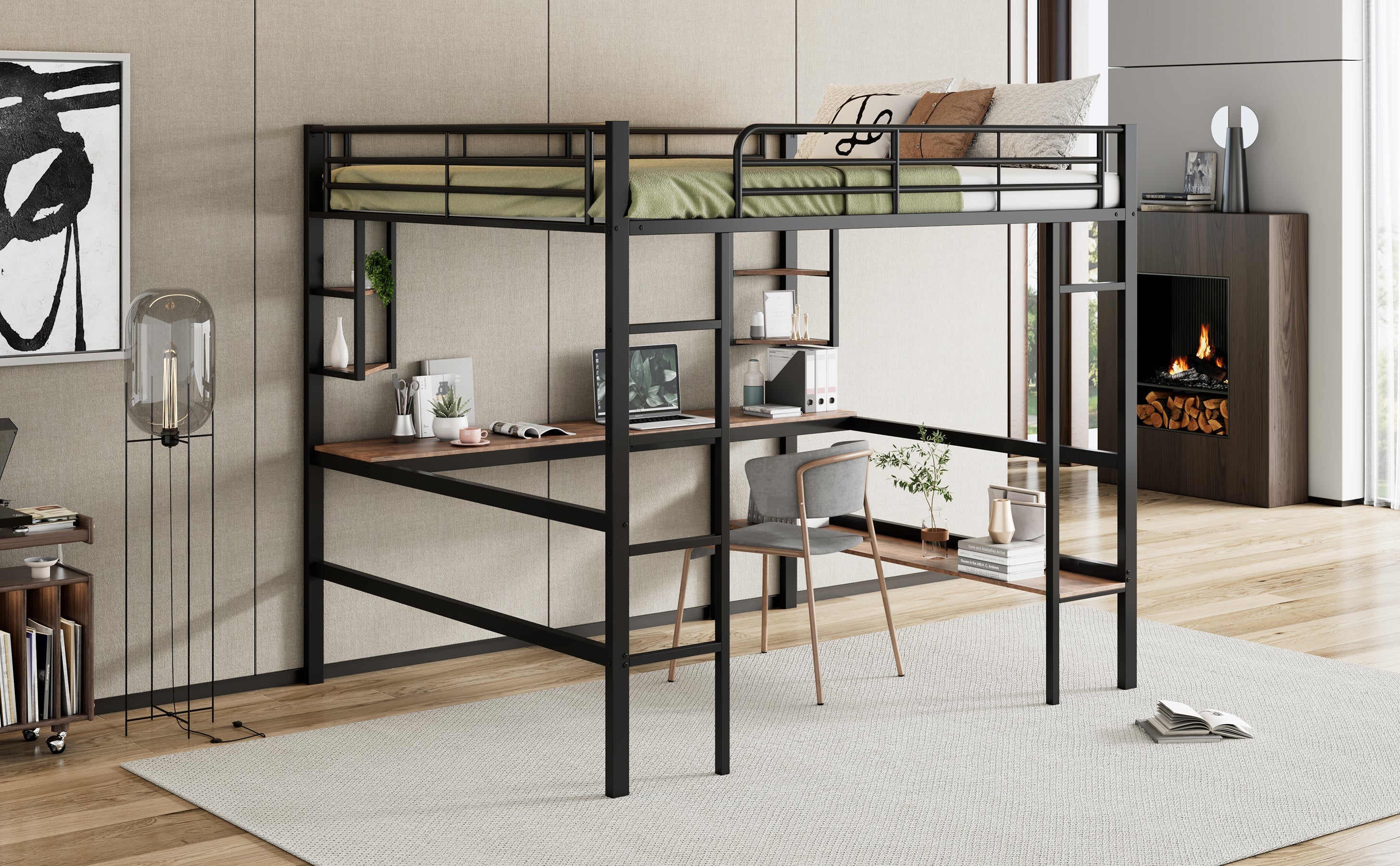 Logidon loft bed 140x200 black with desk and shelves