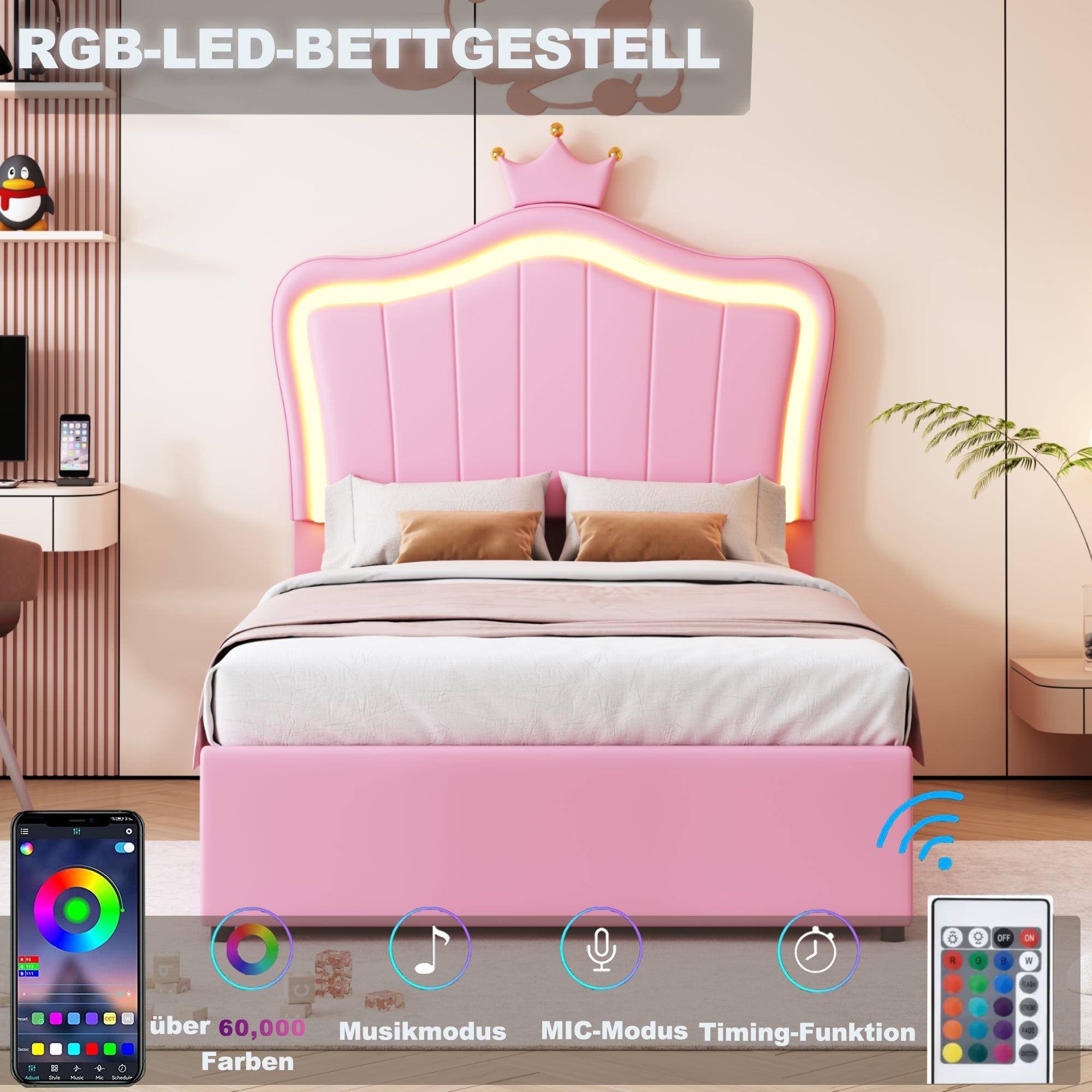 Logidon gestoffeerd bed 90x200 cm roze met kroondesign en LED