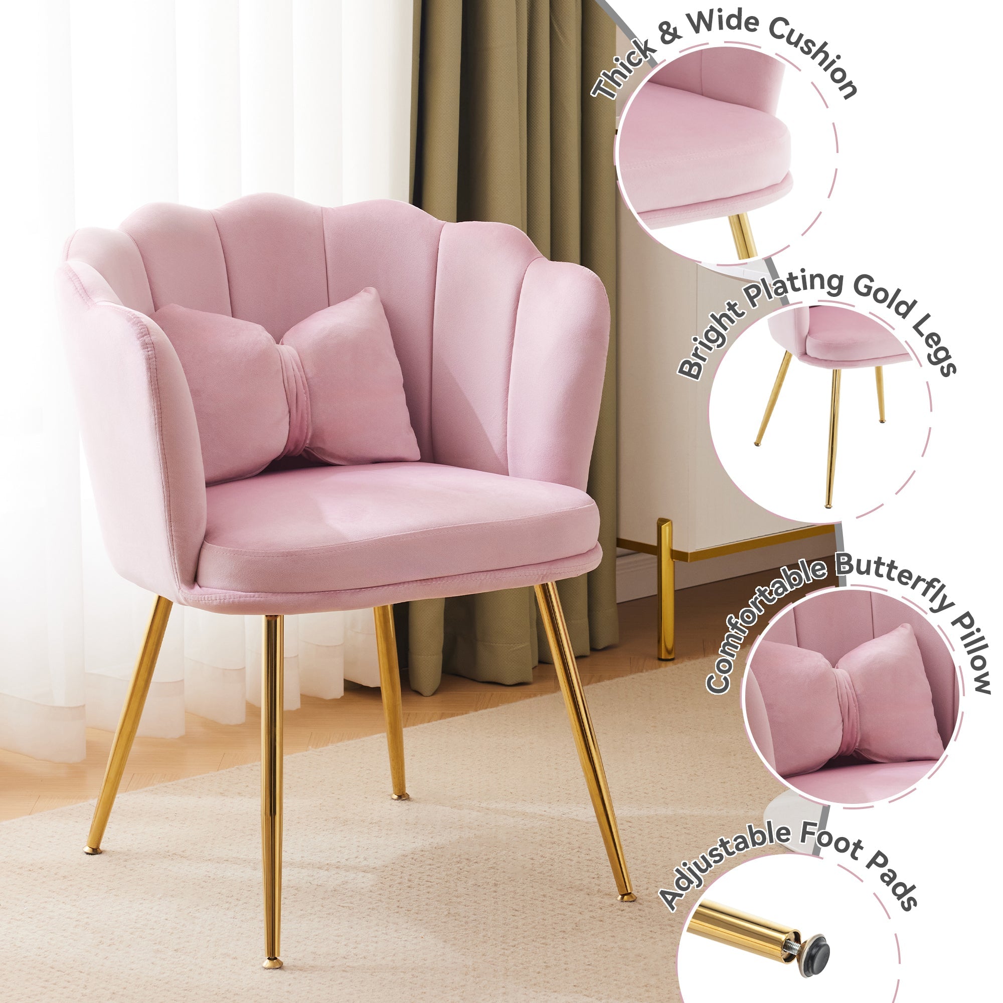 Logidon Set of 4 Pink Velvet Chairs with Petal Backs and Gold Legs