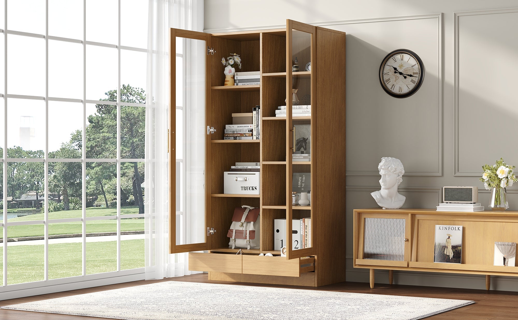 Logidon vitrinekast 80x40x160 cm naturel hout met push-to-open lades
