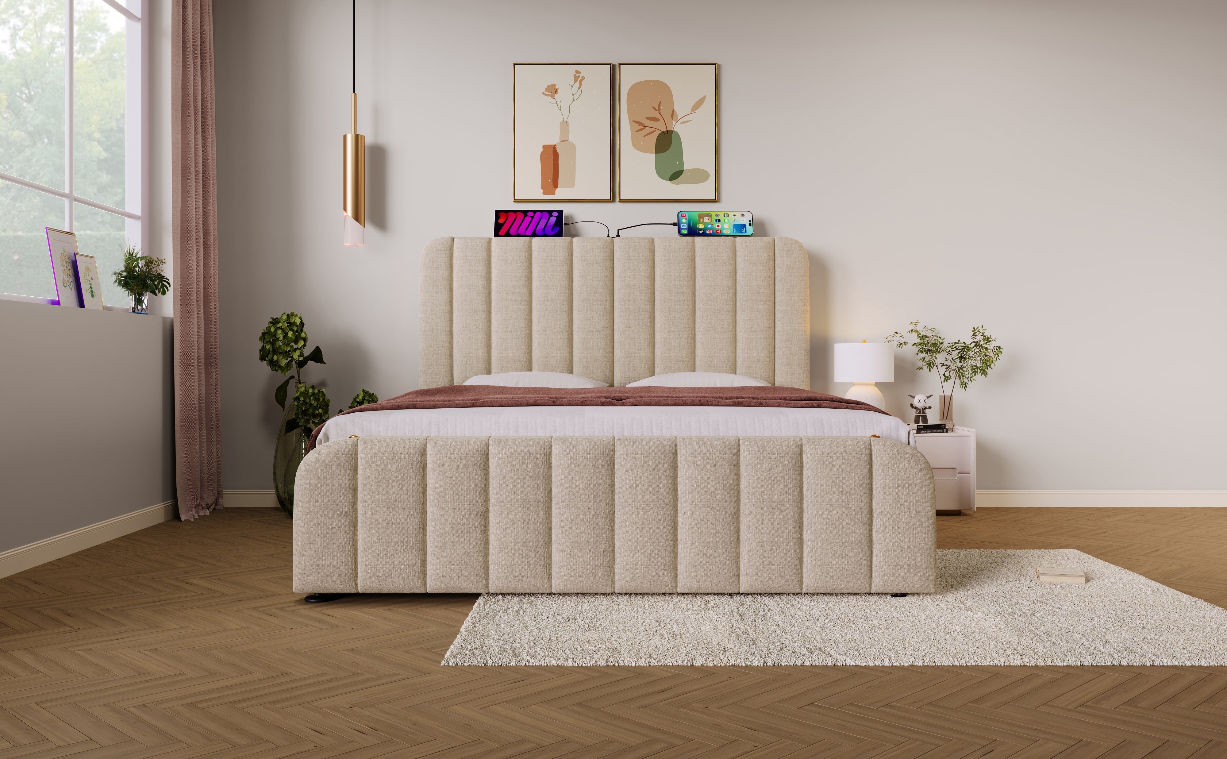 Logidon gestoffeerd bed 140x200 cm beige linnen USB Type-C oplaadfunctie hoofdeinde