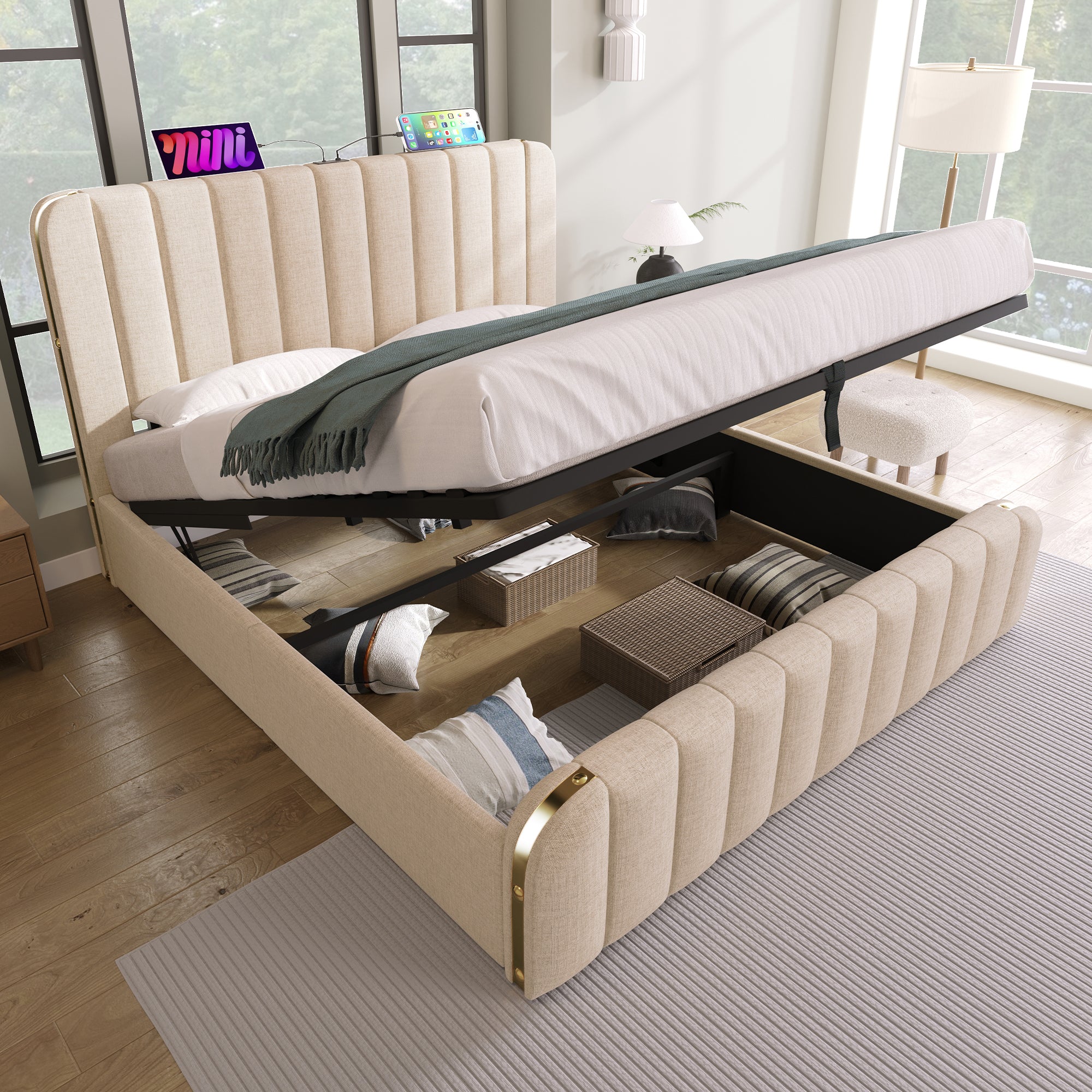 Logidon gestoffeerd bed 140x200 cm beige linnen USB Type-C oplaadfunctie hoofdeinde
