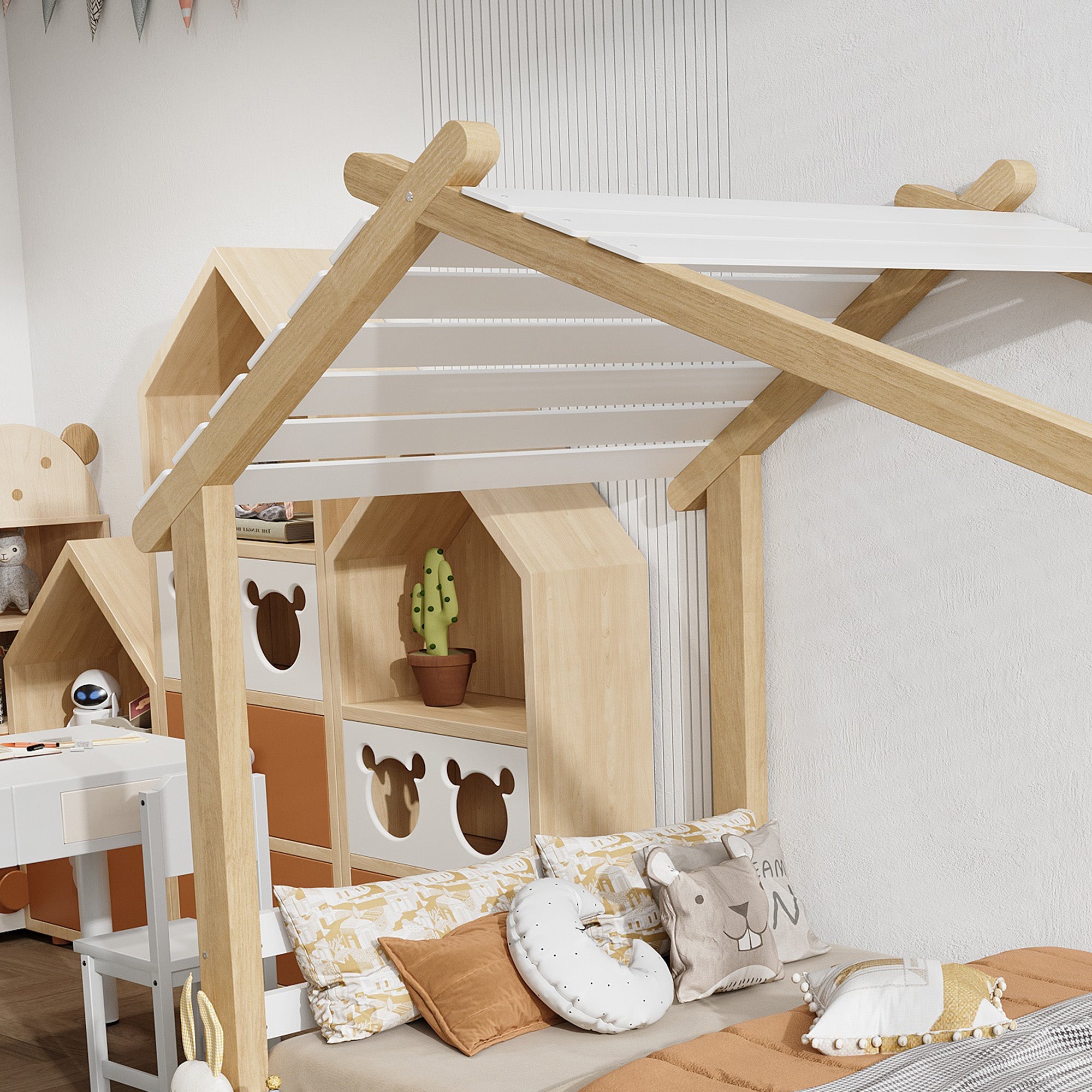 Logidon children's bed 90x200 cm white natural - wooden house design slatted frame