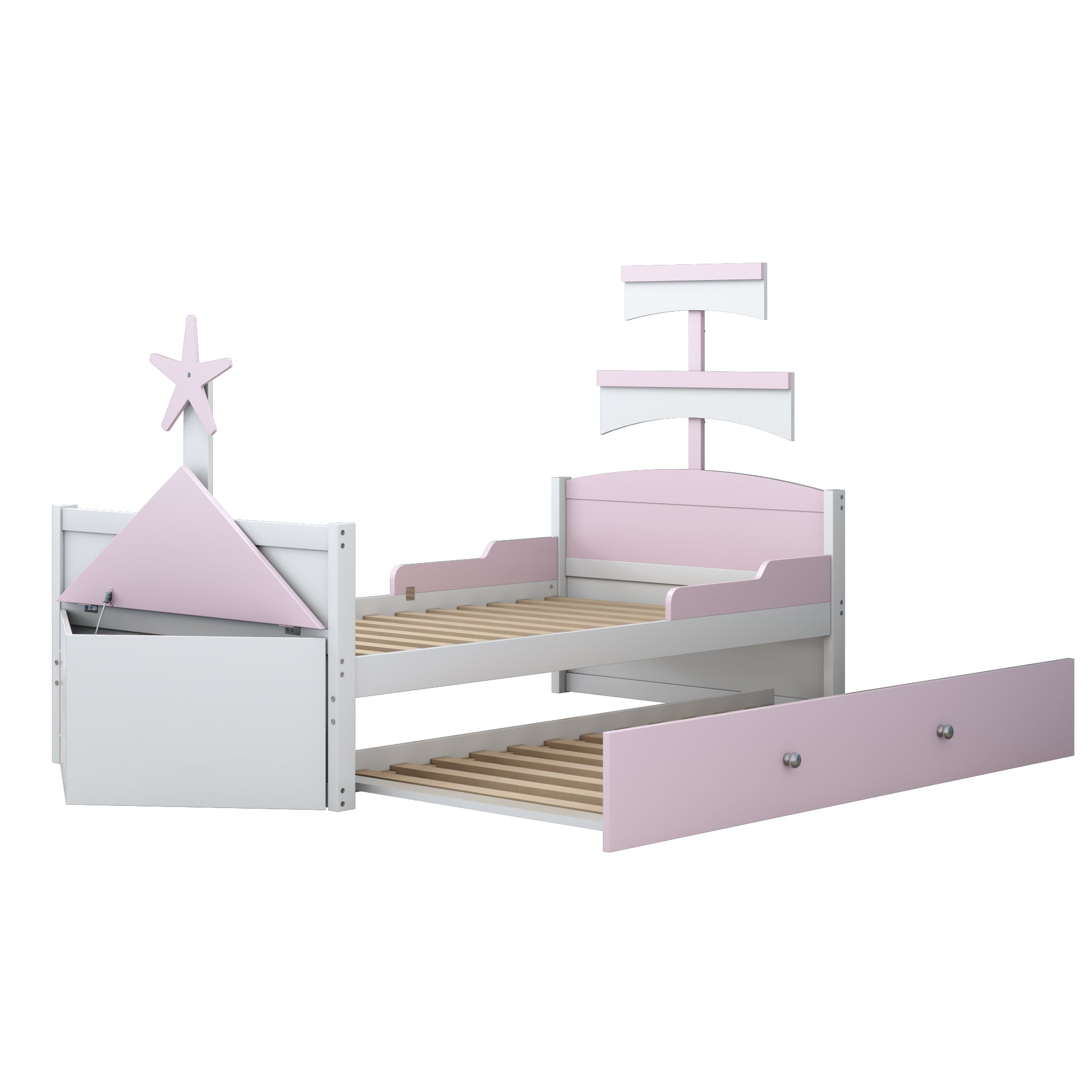 Logidon kinderbed hout roze zeilbootvorm 90x200 met uitschuifbaar bed