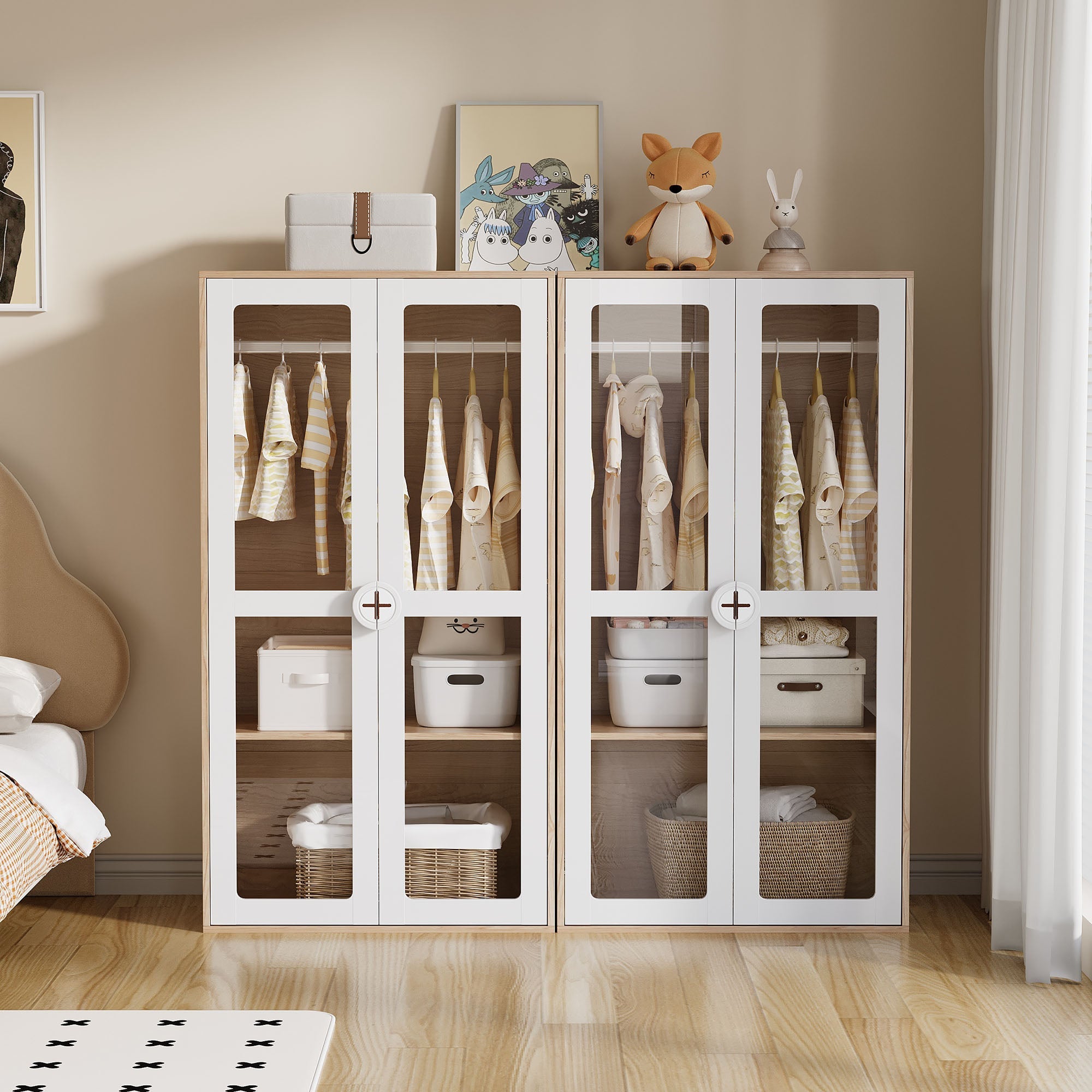Logidon kinderkledingkast met glazen fronten, 80x50x150 cm, wit hout
