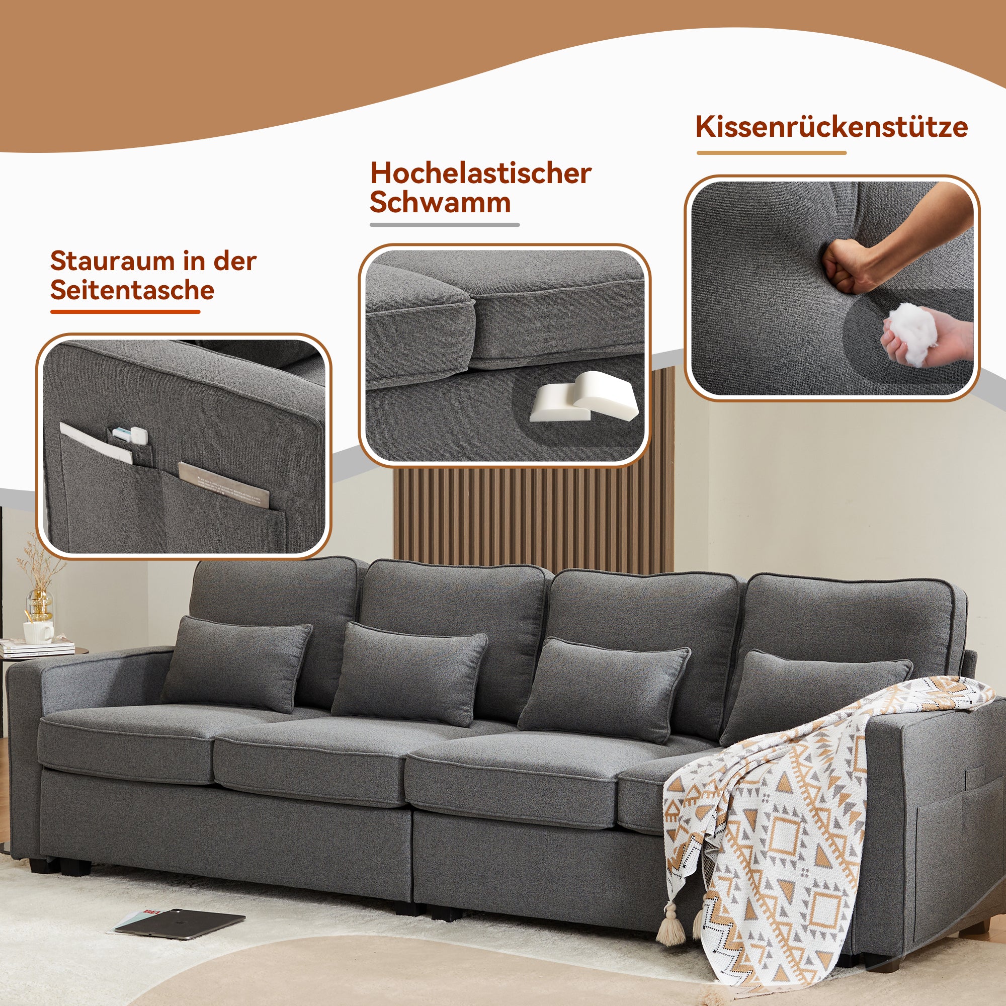 Logidon moderne 4-zitsbank linnen donkergrijs armleuningzakken
