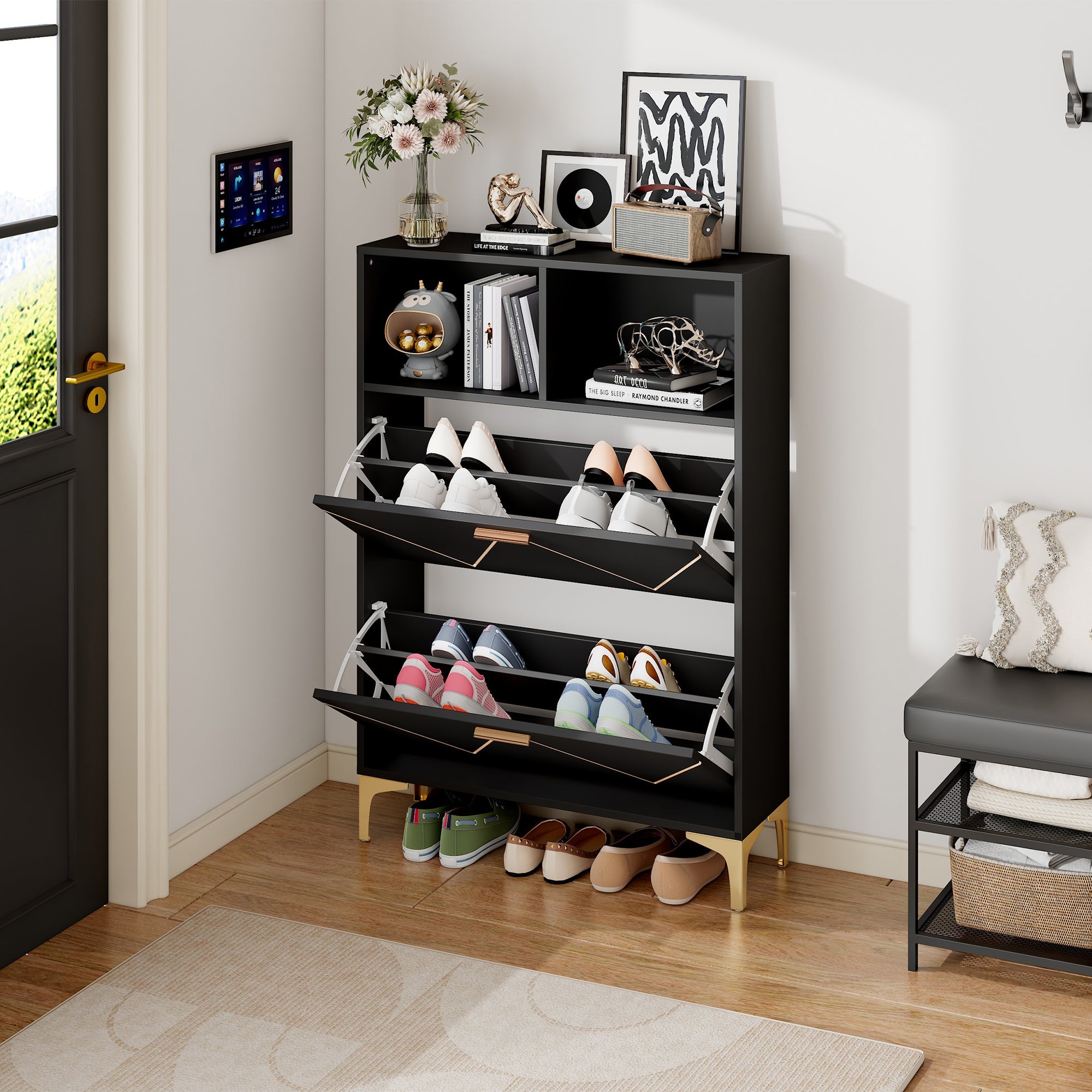 Logidon shoe cabinet 80x25x117 cm black with folding doors and four shoe shelves