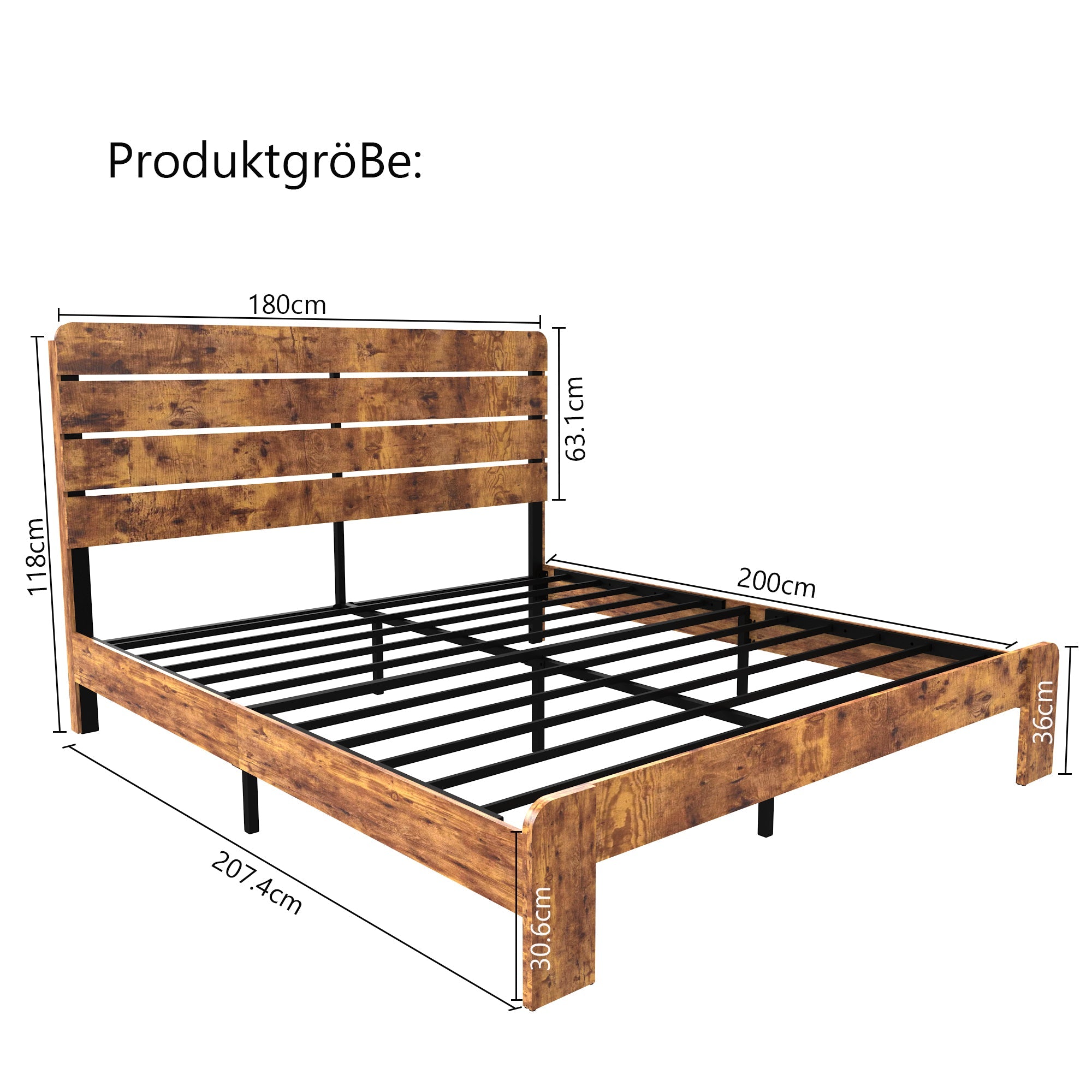 Logidon houten tweepersoonsbed 180x200 bruin antieke stijl met ijzeren lattenbodem