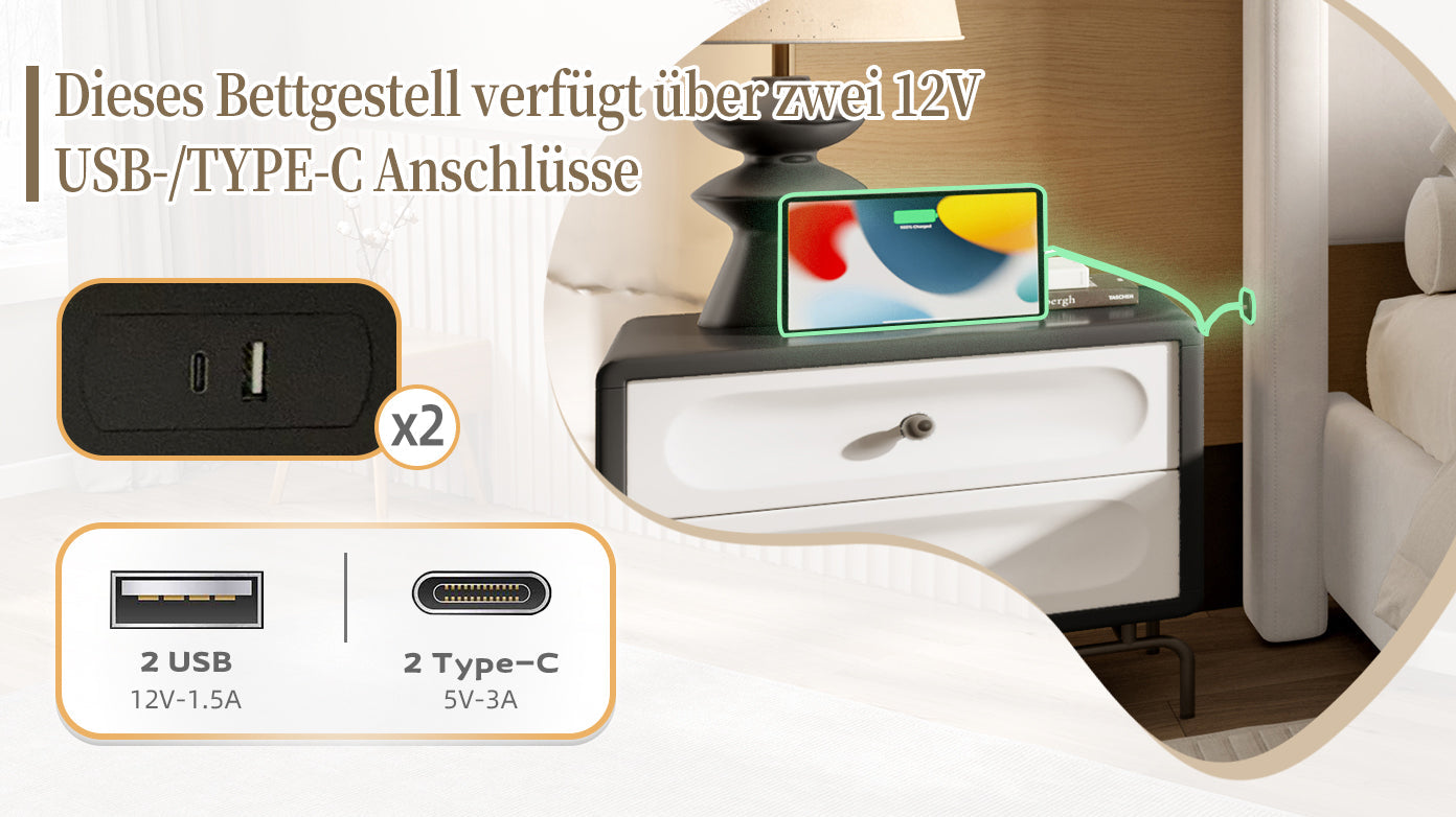 Logidon stoffen bedframe 140x190 beige velours USB-aansluiting