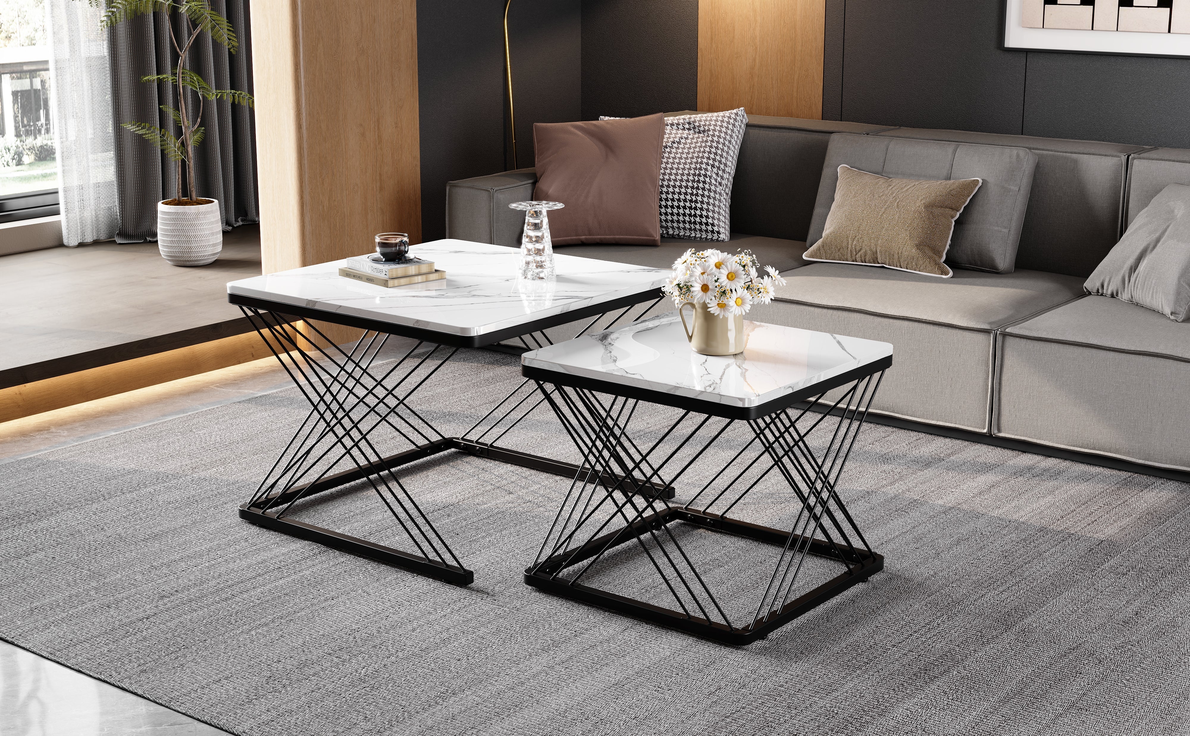 Logidon Stylish 2-piece coffee table set high-gloss marble look 60x60 cm
