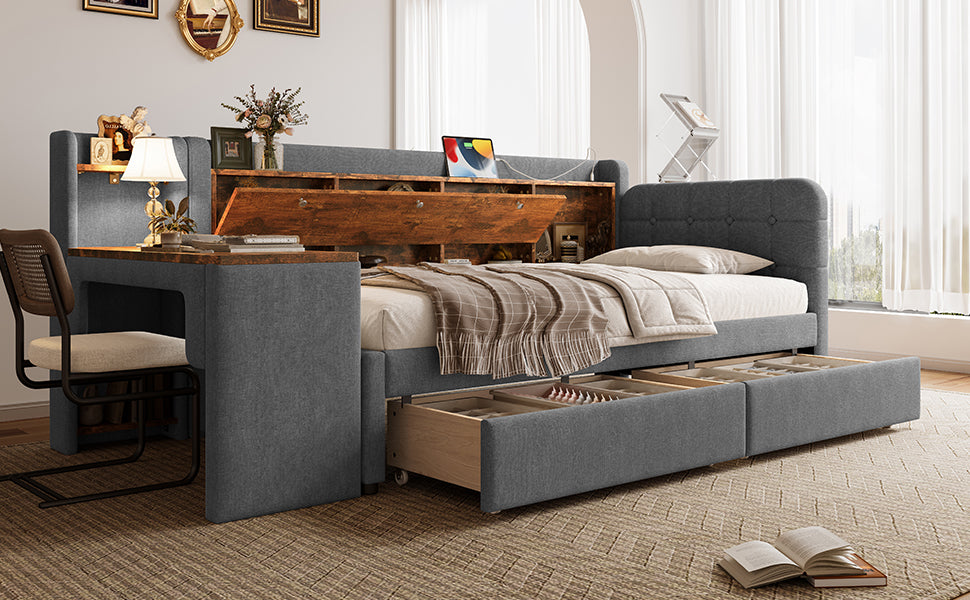 Logidon Daybed 90x200 cm slaapbank met bureau grijs USB Type C