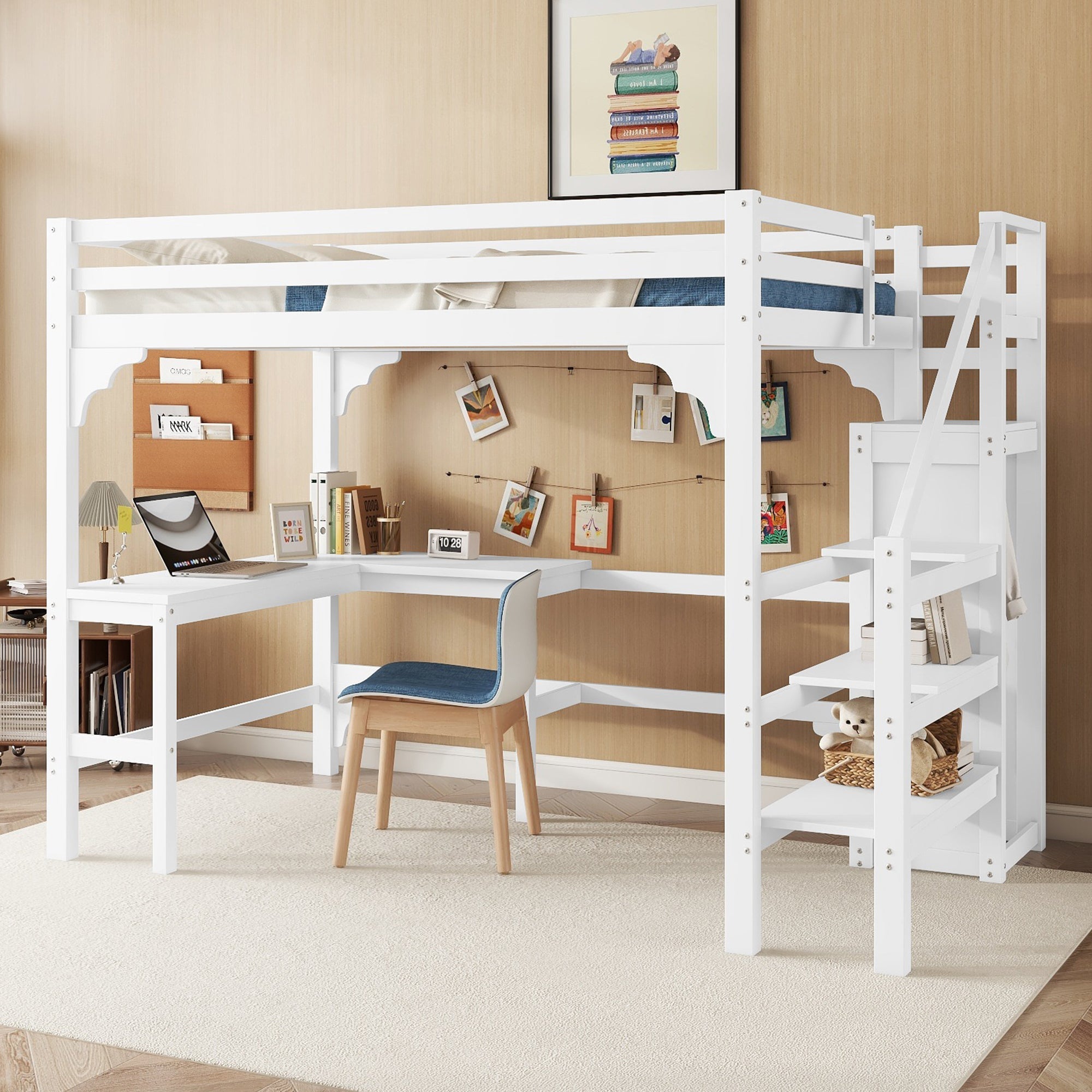 Logidon hoogslaper 140x200 cm wit met L-vormig bureau en opbergruimte