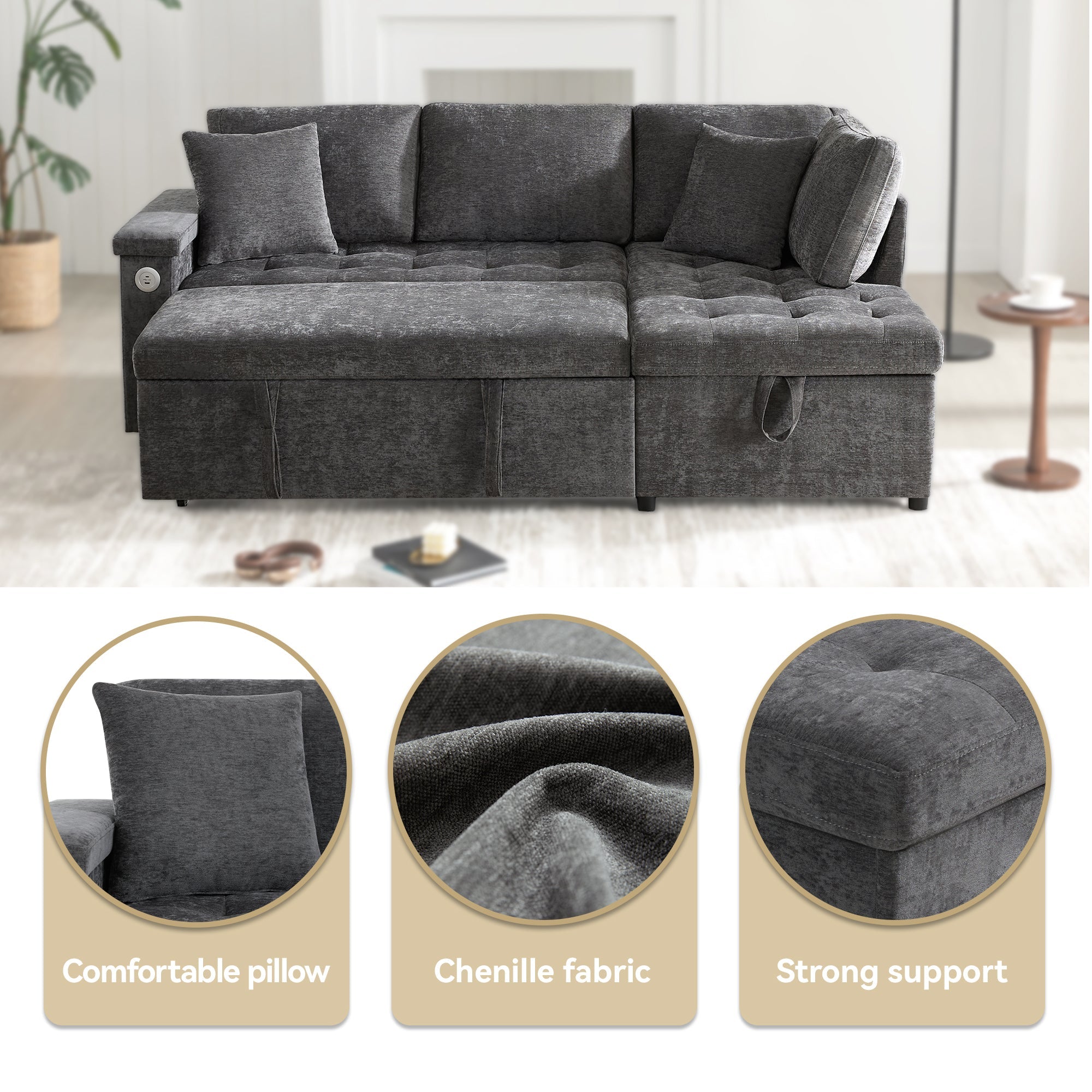 Logidon L-vorm slaapbank grijs fluweel chenille 209x130 cm opbergruimte