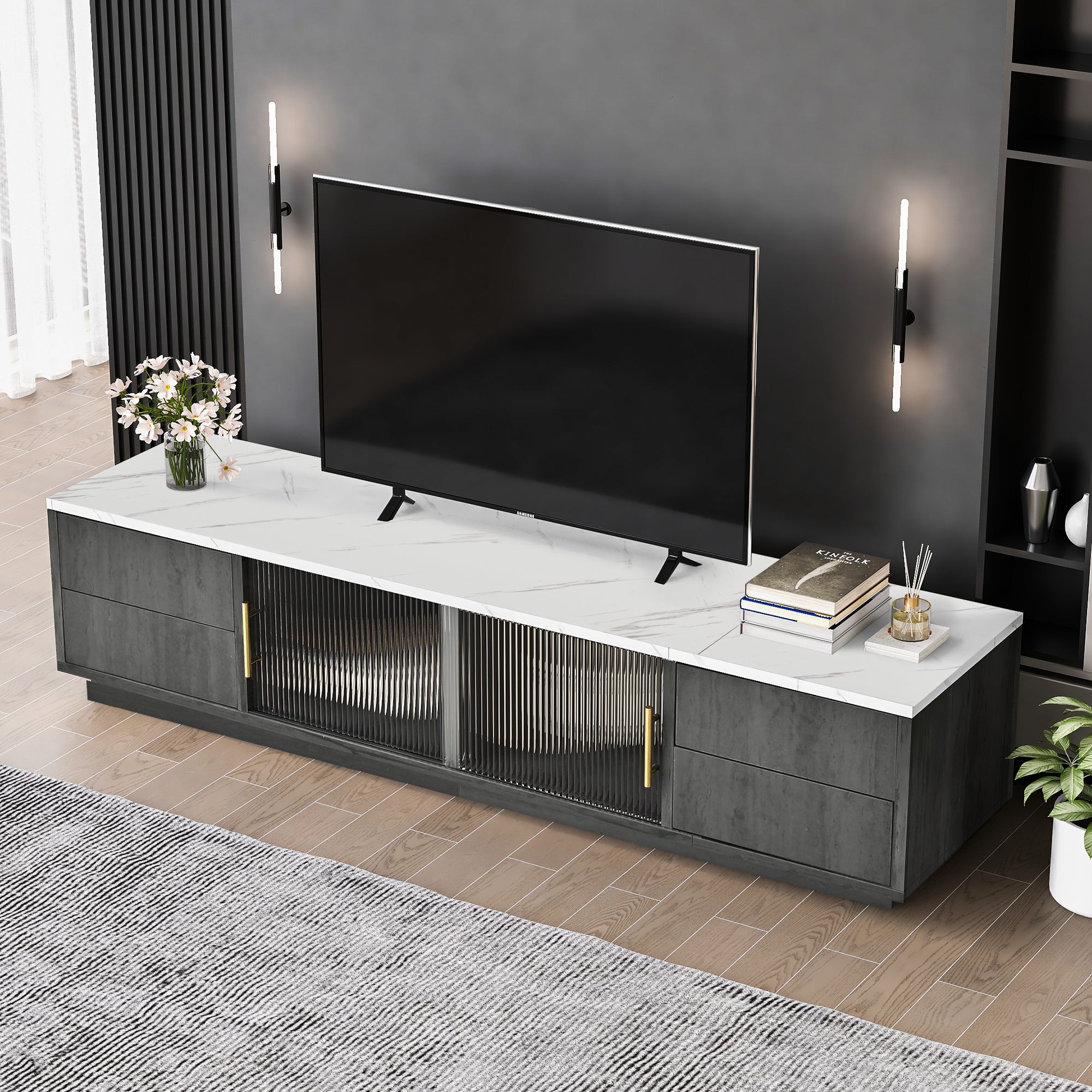 Logidon Deluxe TV-meubel 160 cm grijze marmerlook laden met openklapbare lades