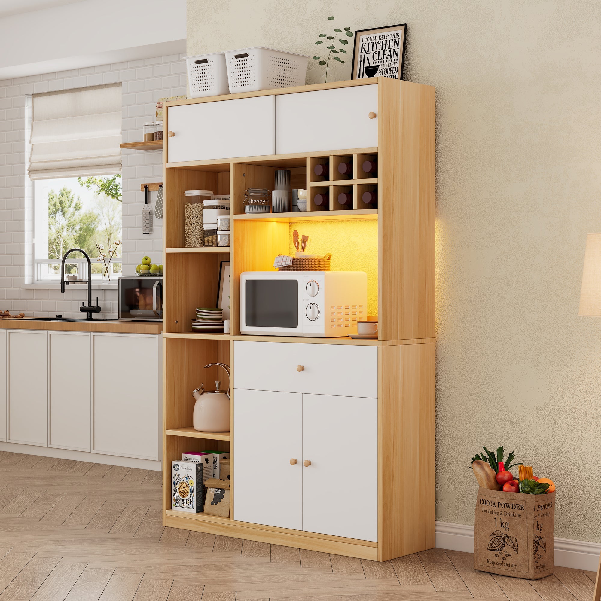 Logidon keukenkast buffet met LED-verlichting, 115x35x180 cm, naturel