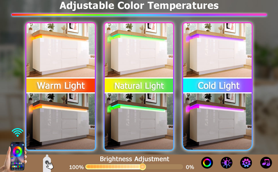 Logidon Wit Dressoir Met LED Verlichting 2 Deurs 3 Lades
