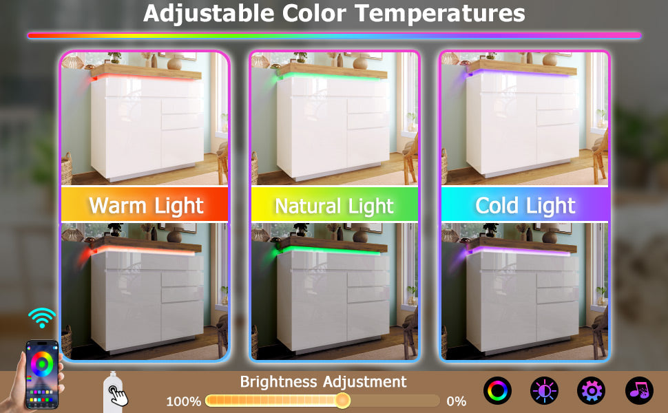 Logidon high gloss chest of drawers white LED lighting app control 2 doors