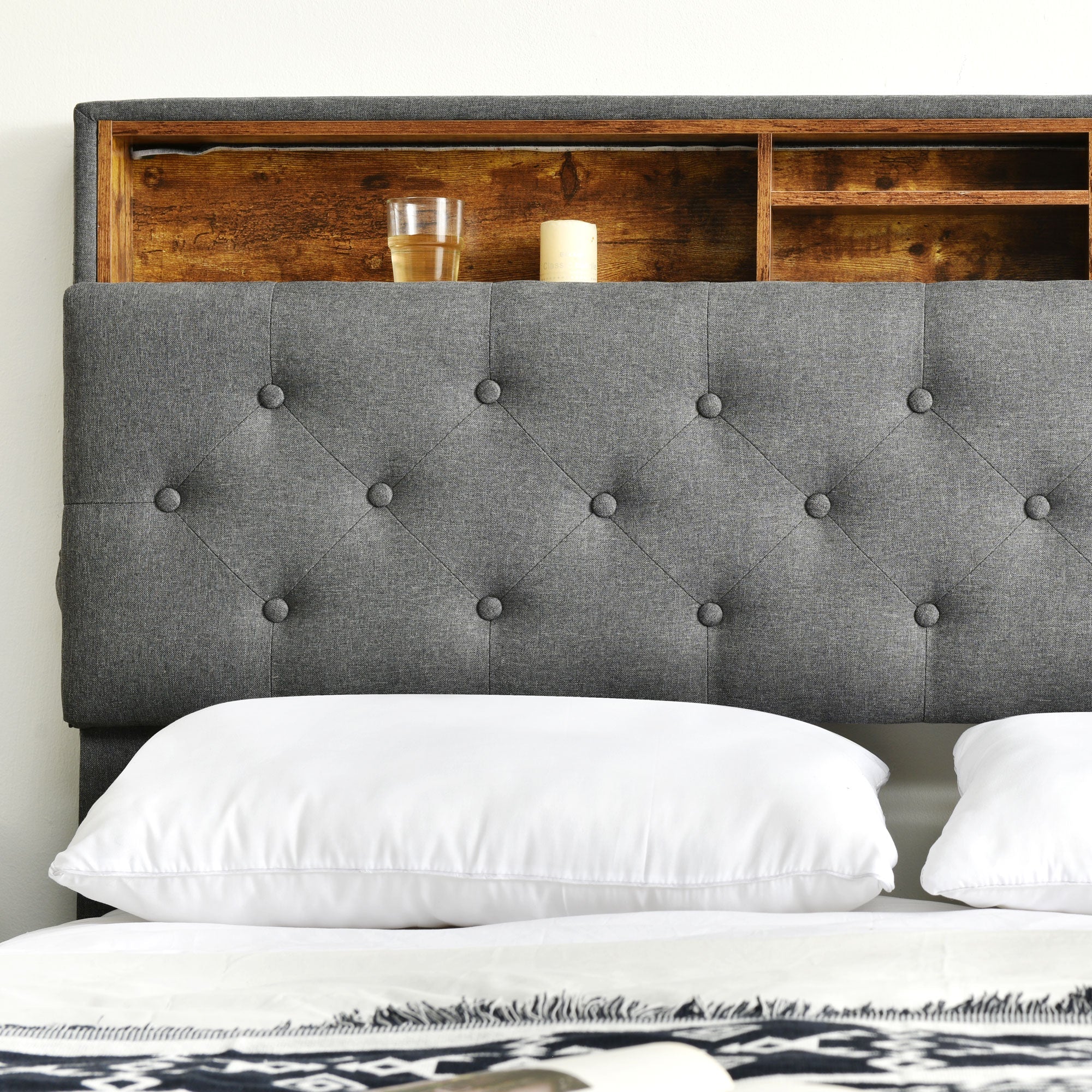 Logidon upholstered bed double bed with storage space headboard LED gray 140x200