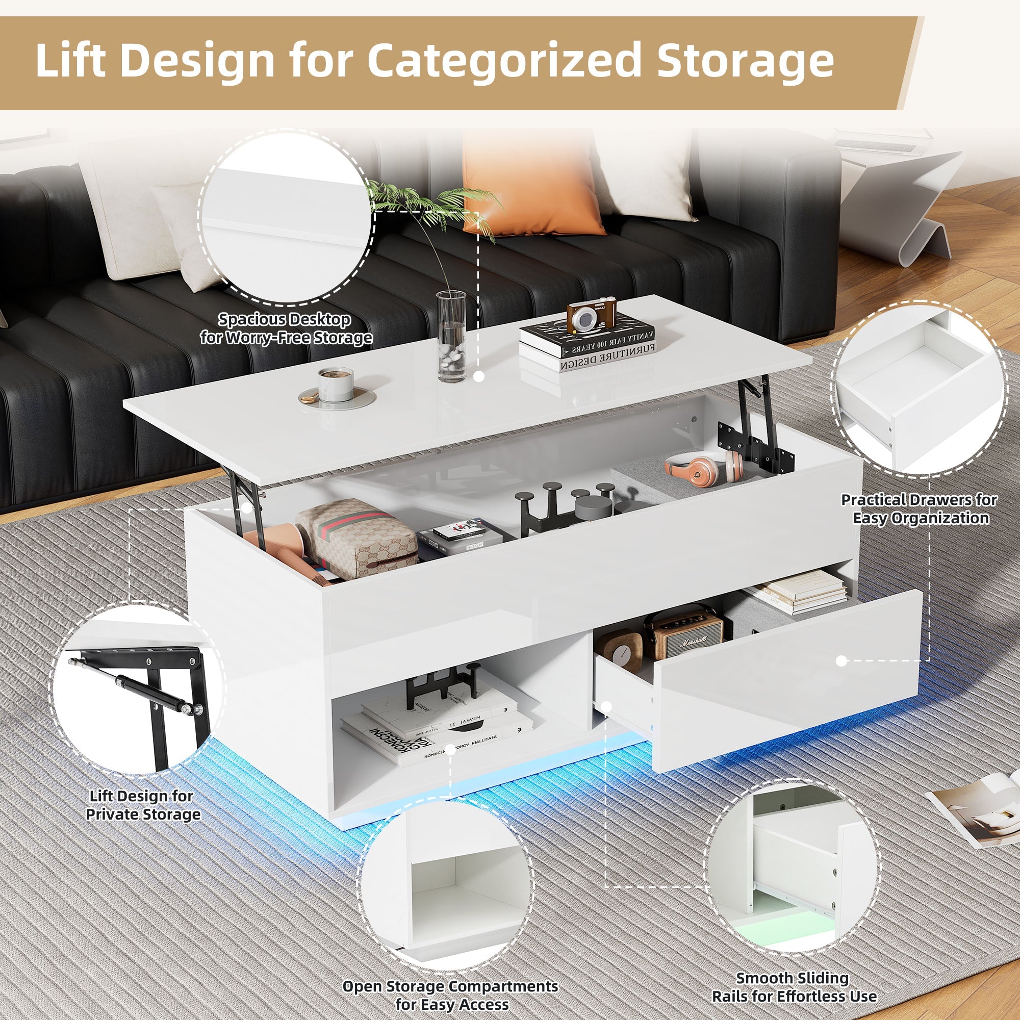 Logidon hoogglans hefsalontafel 100 x 50 cm witte LED-verlichting