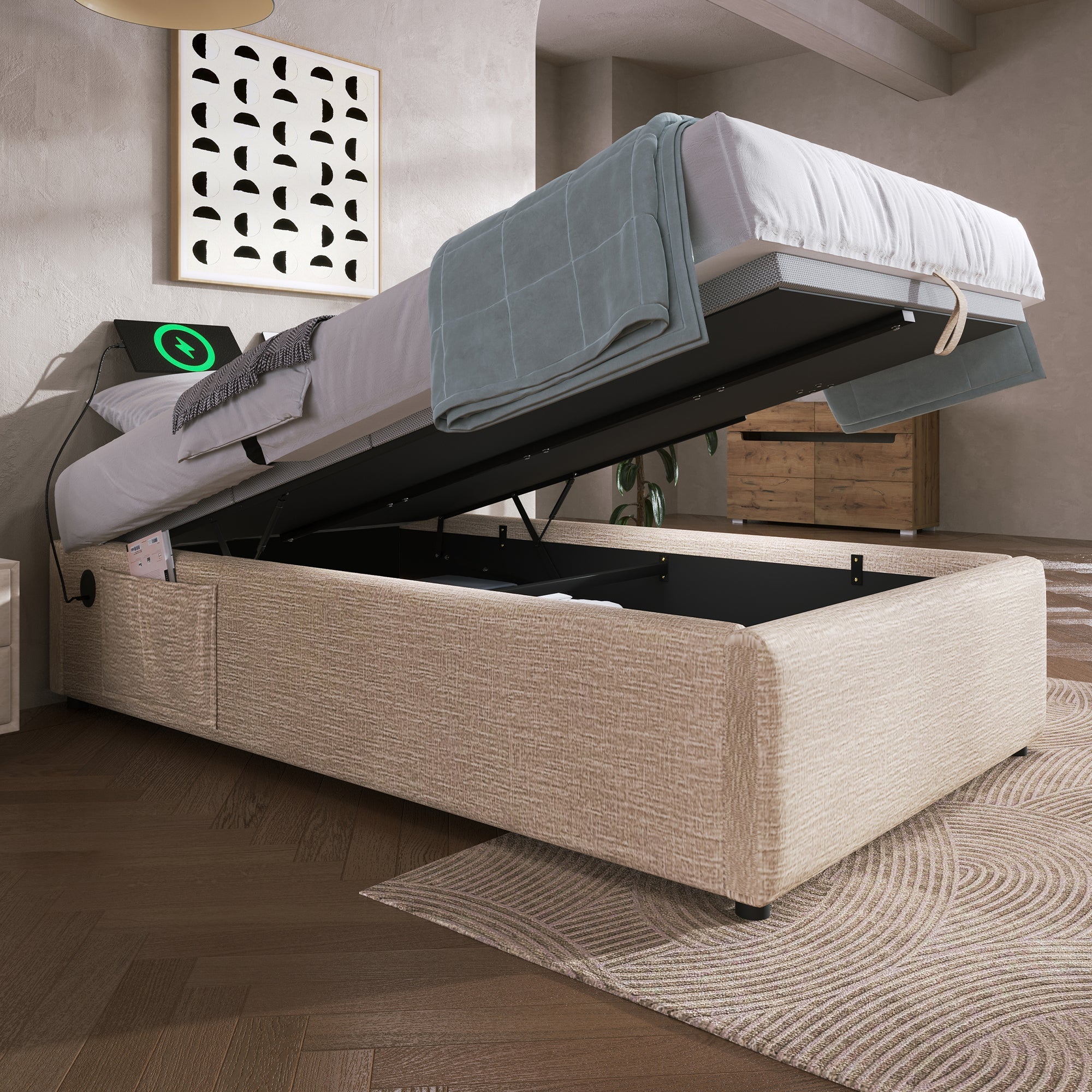 Logidon upholstered bed 90x190 beige USB C bed frame without headboard