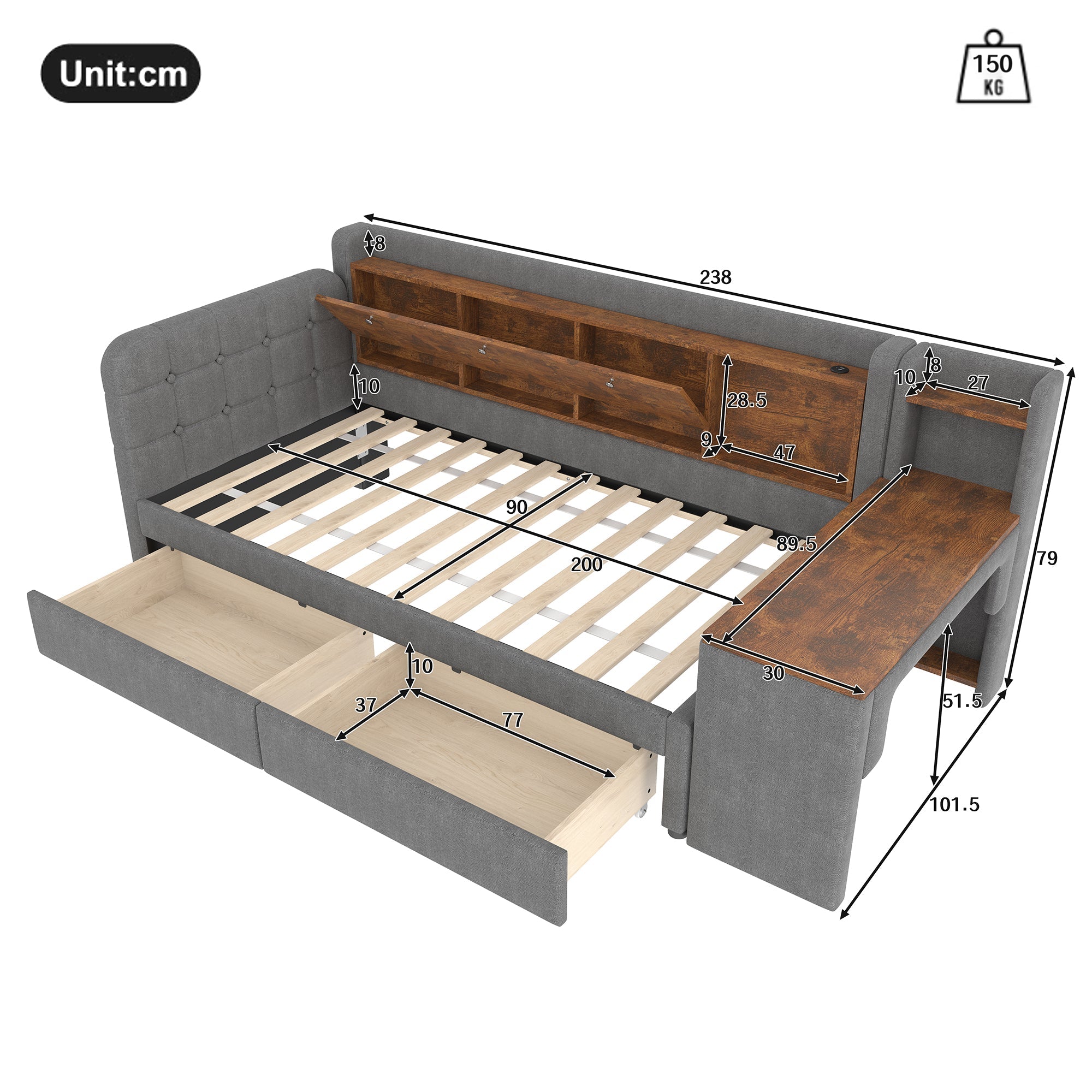 Logidon Daybed 90x200 cm slaapbank met bureau grijs USB Type C