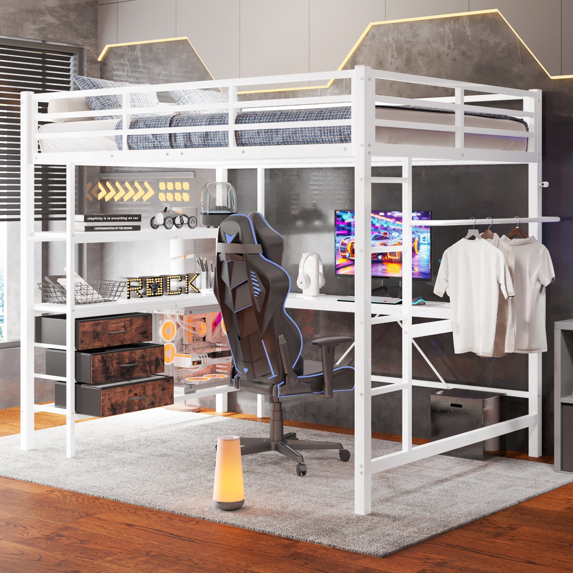 Logidon loft bed 140x200 with LED lighting USB socket 3 drawers