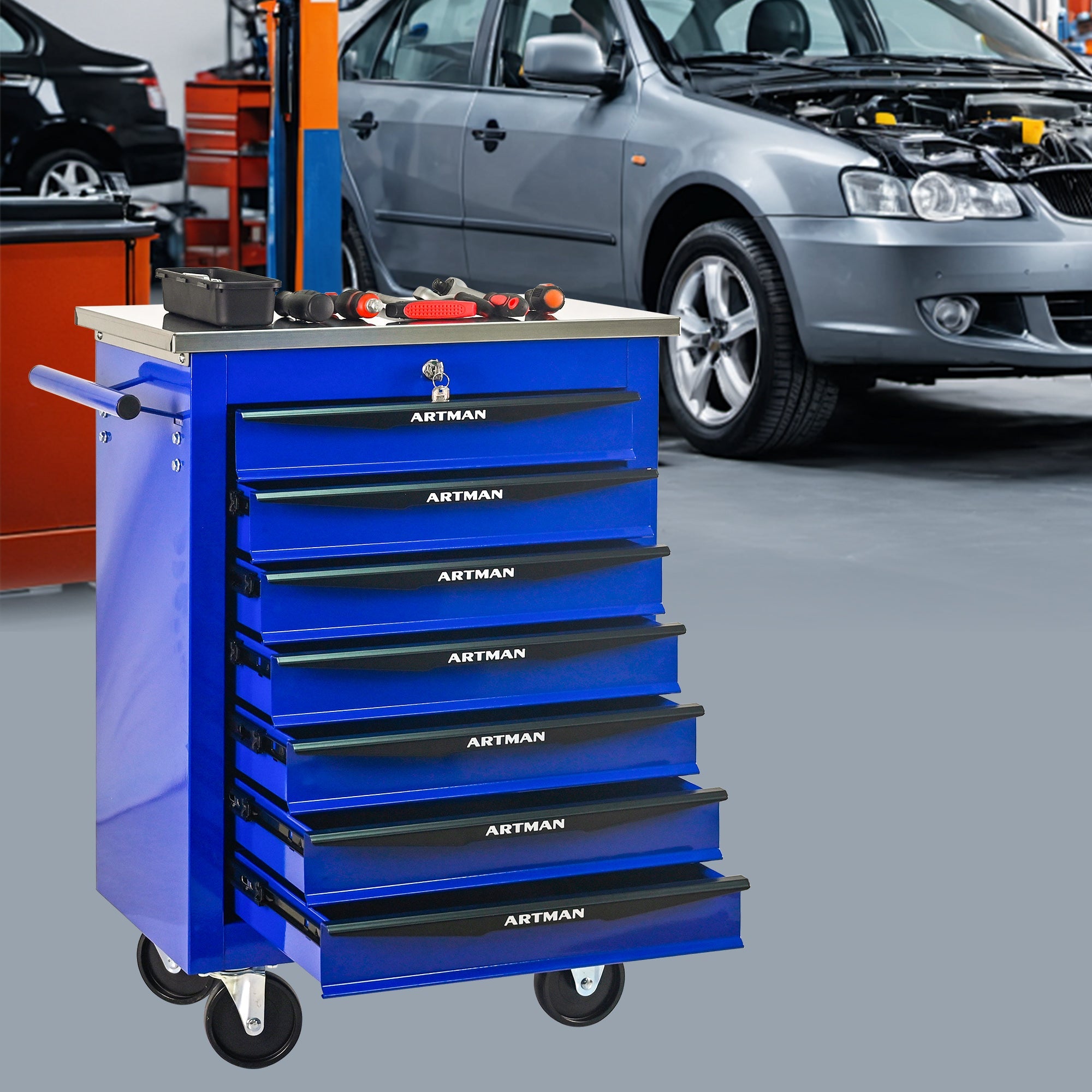 Logidon gereedschapswagen 7 laden blauw stalen wielen RVS dak