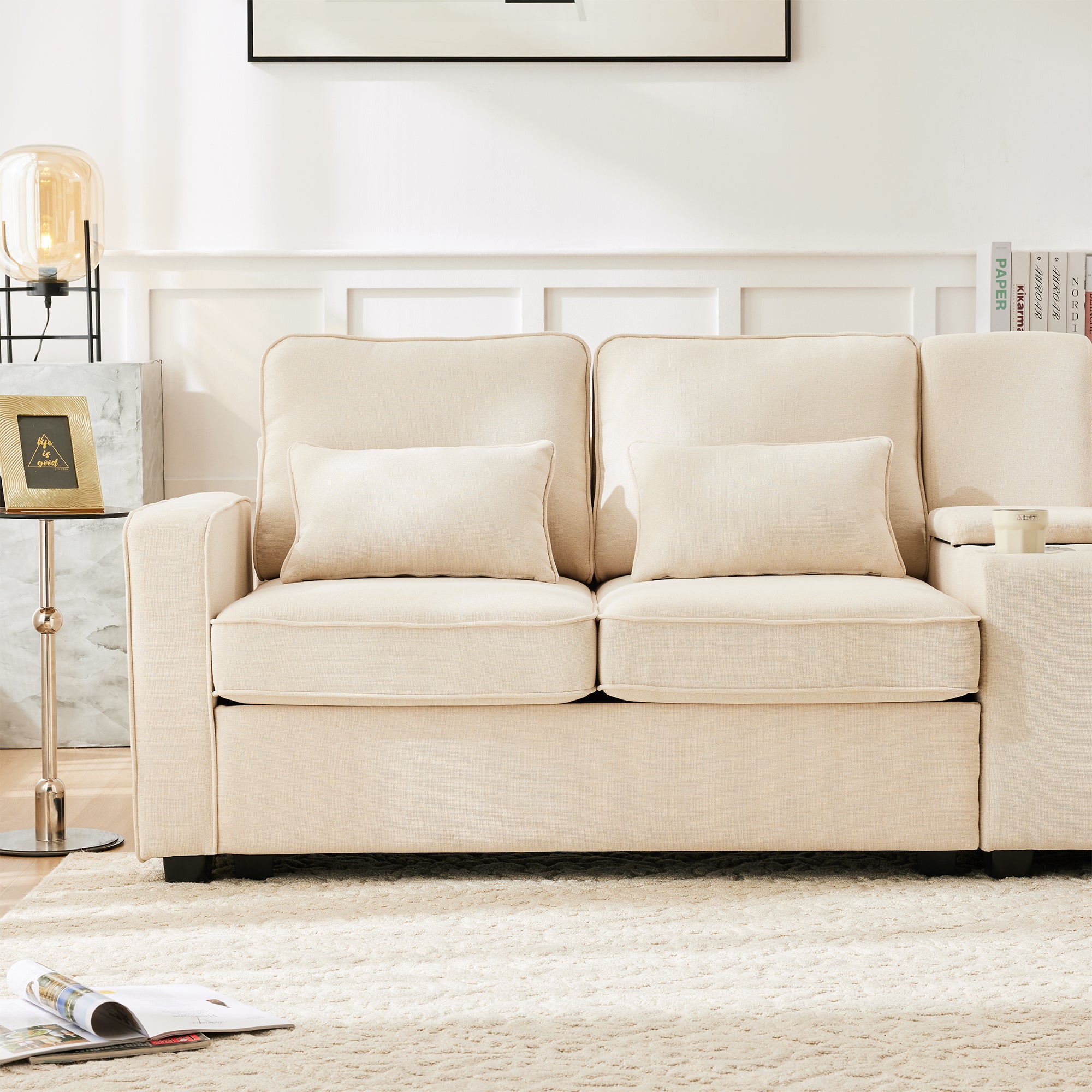 Logidon Modern 4 Seater Sofa Made of Beige Linen Fabric with Console