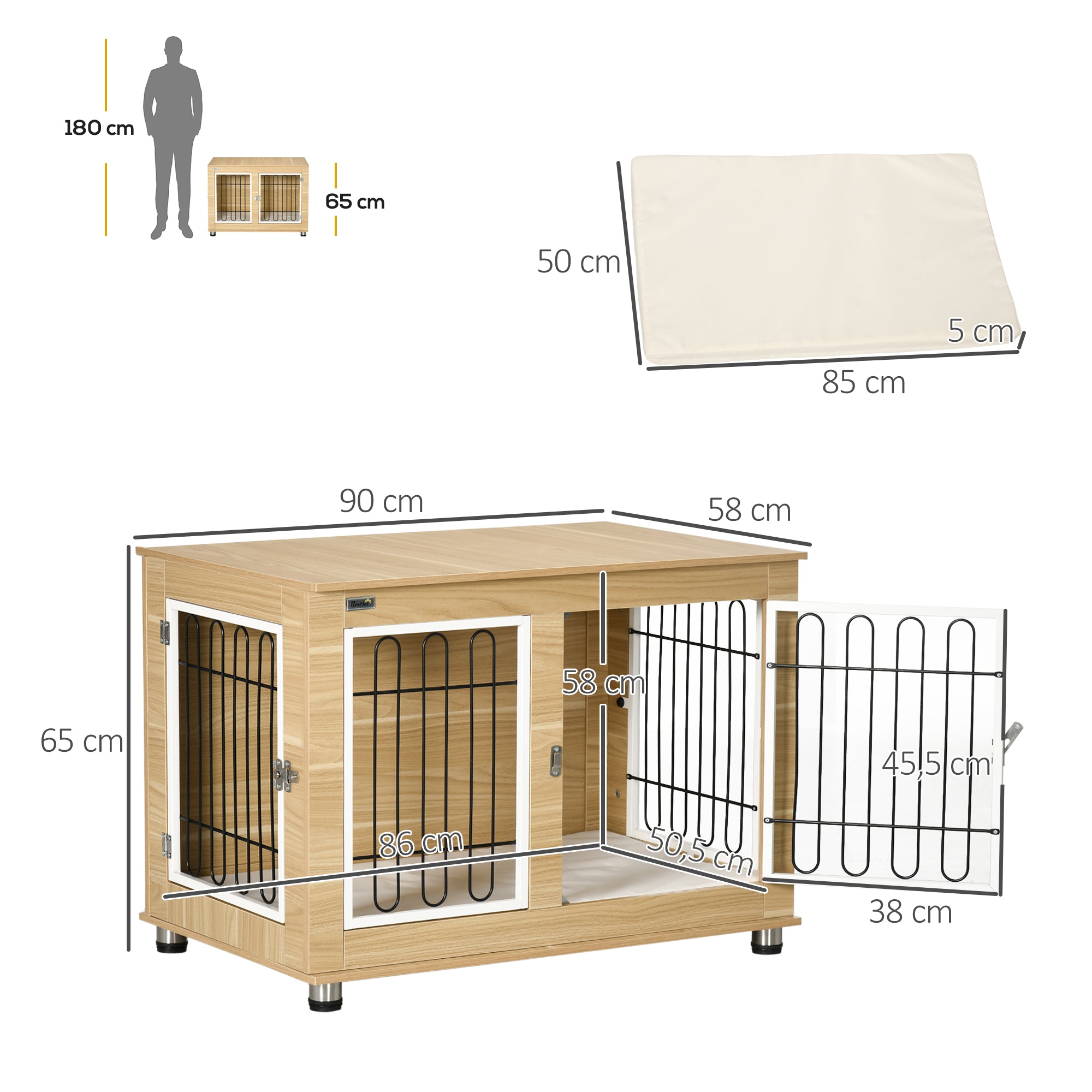Logidon hondenhok eiken 90x58x65 cm met dubbele deuren en kussens