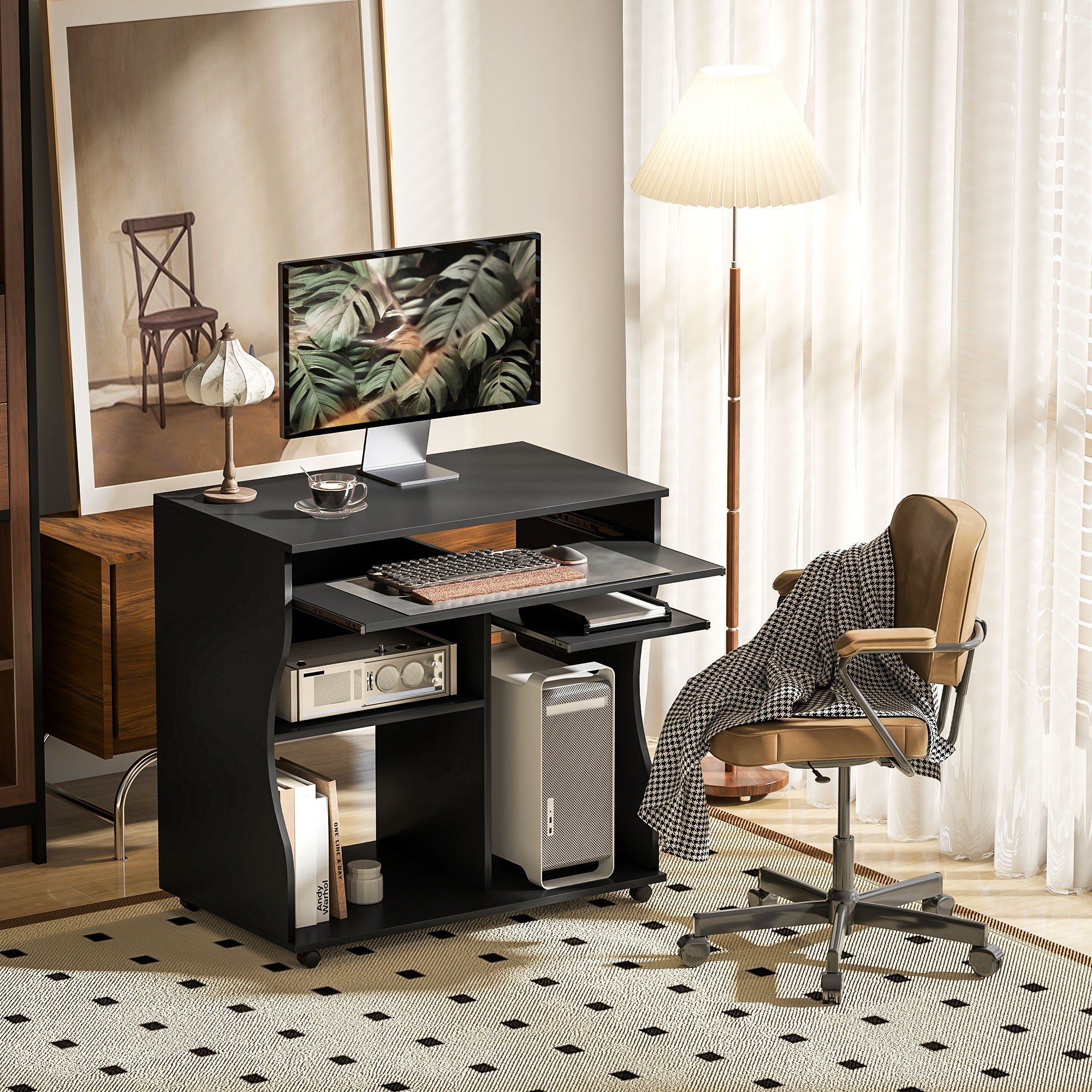 Logidon computertafel zwarte wielen toetsenbordplank 80 x 48 x 75 cm