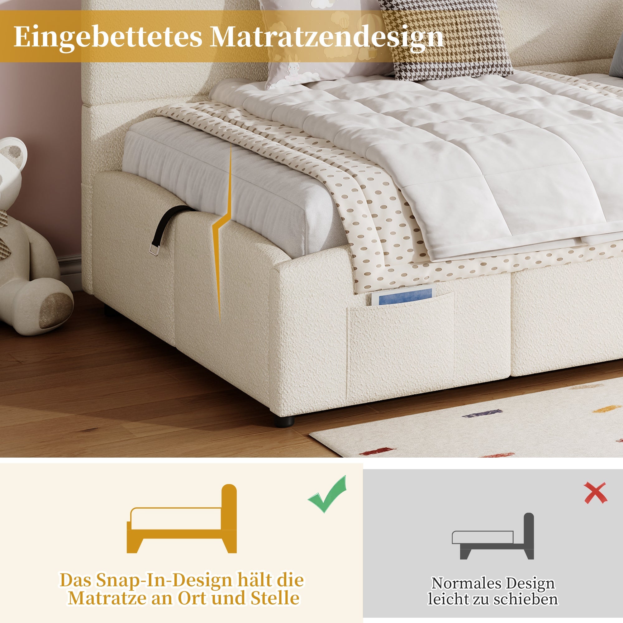 Logidon gestoffeerd bed 90x200 opbergbed slaapbank beige bouclé USB