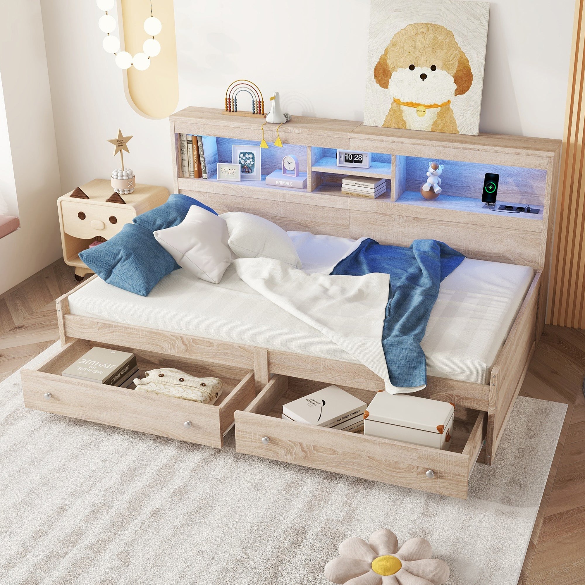 Logidon Daybed 90x200cm slaapbank met sfeerverlichting USB naturel