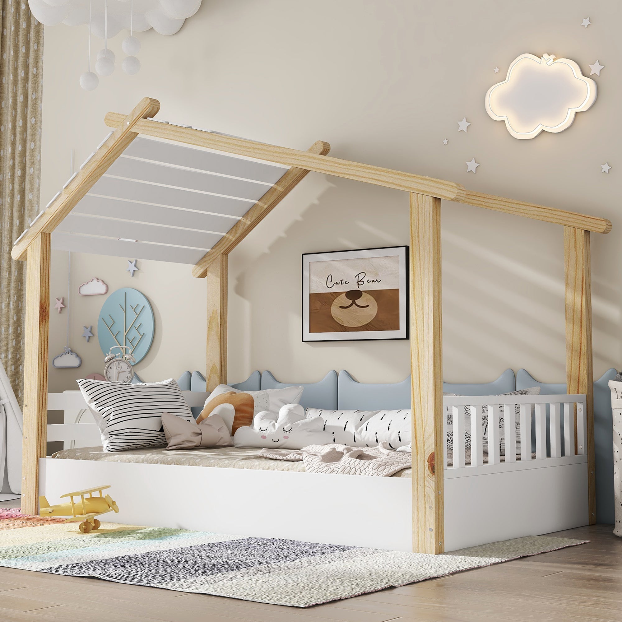 Logidon children's bed 90x200 cm white natural - wooden house design slatted frame