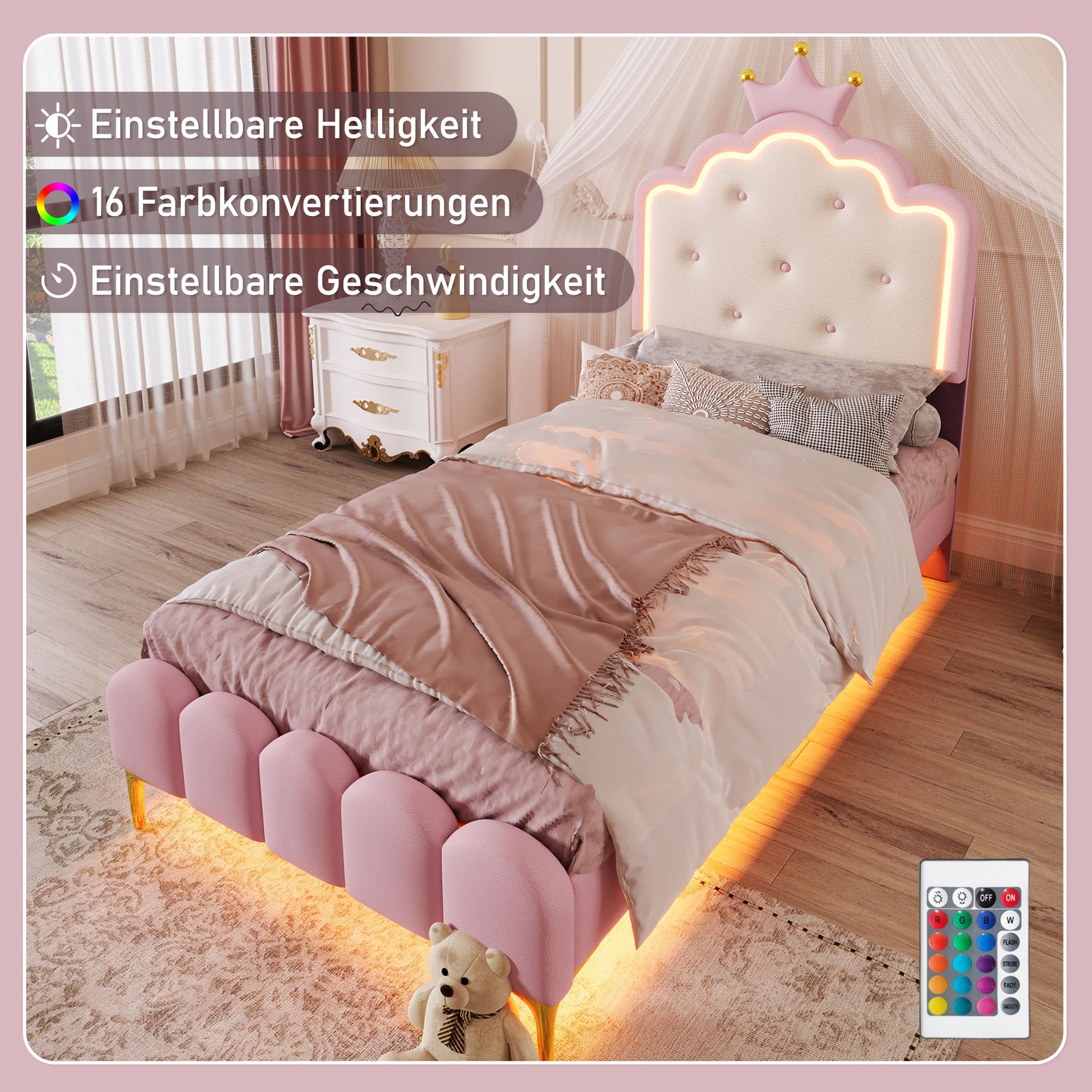 Logidon upholstered bed 90x200 crown princess shape pink with slatted frame