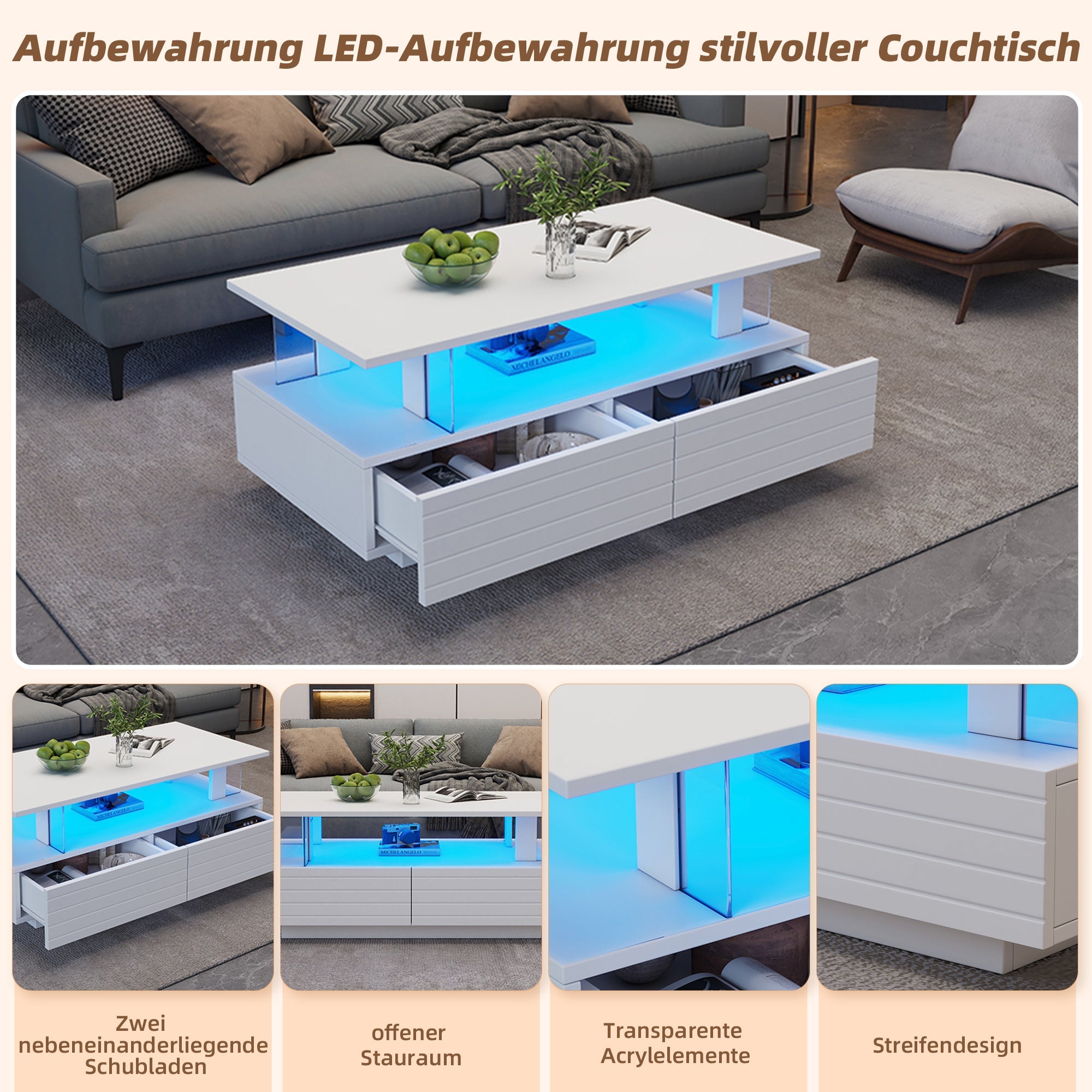 Logidon Witte LED Salontafel met Opbergruimte Bluetooth App Bediening 100x50x42 Cm