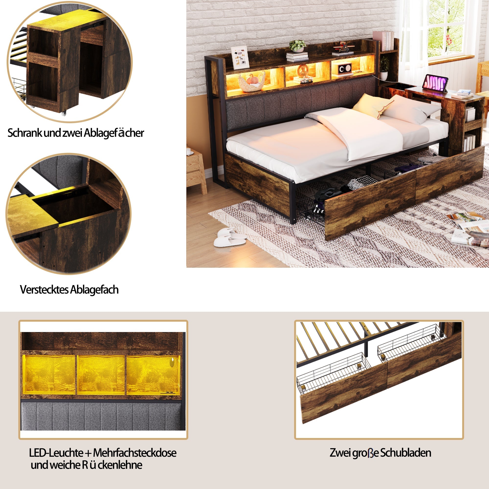 Logidon ijzeren slaapbank 90 x 200 cm houtlook opbergruimte LED