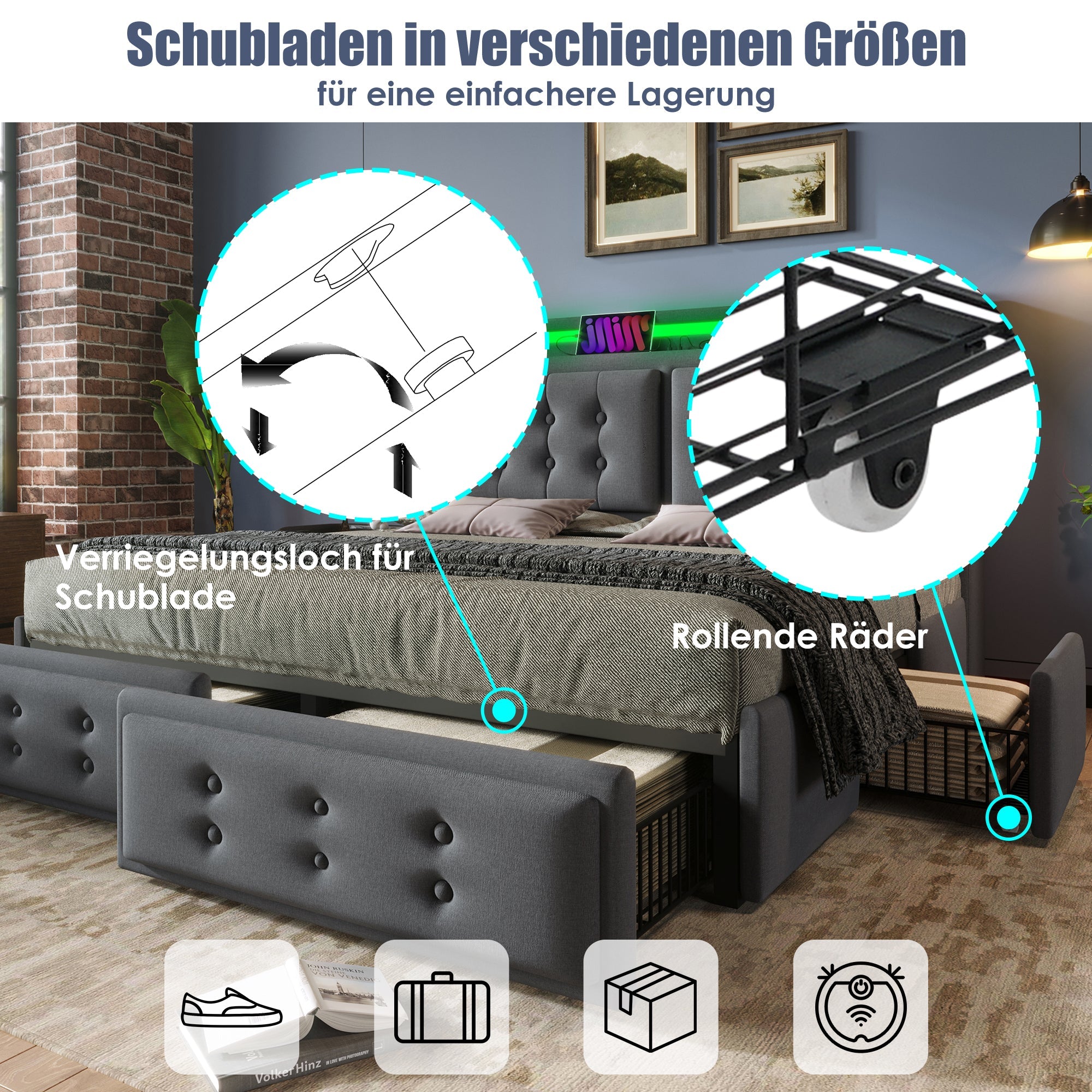 Logidon gestoffeerd bed 140x200 LED-hoofdeinde, USB-C, 4 laden, grijs