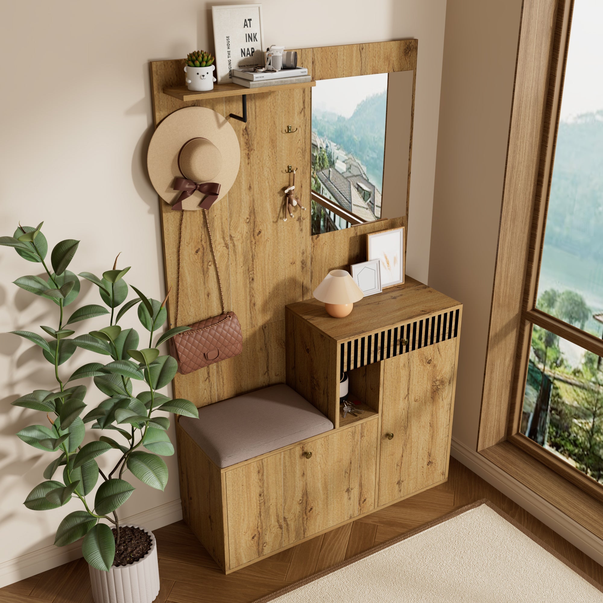 Logidon kledingkastset compacte kledingkast 110x185,5x37 cm natuurlijke MDF spiegel