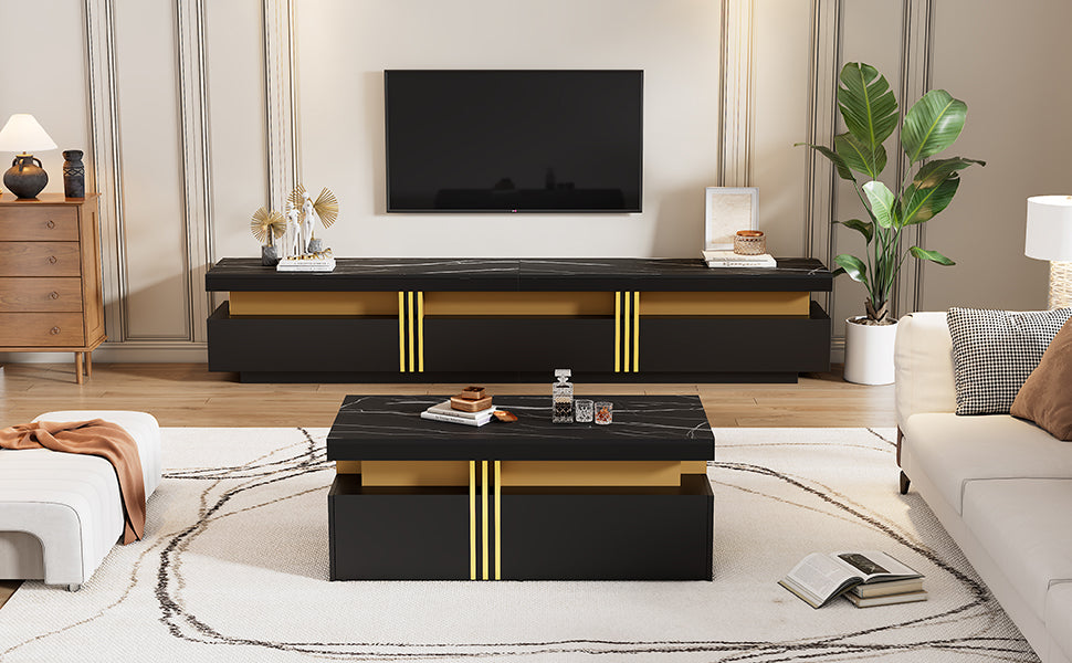 Logidon Zwarte tv-wandmeubelset 2 tv-kast salontafel marmerlook