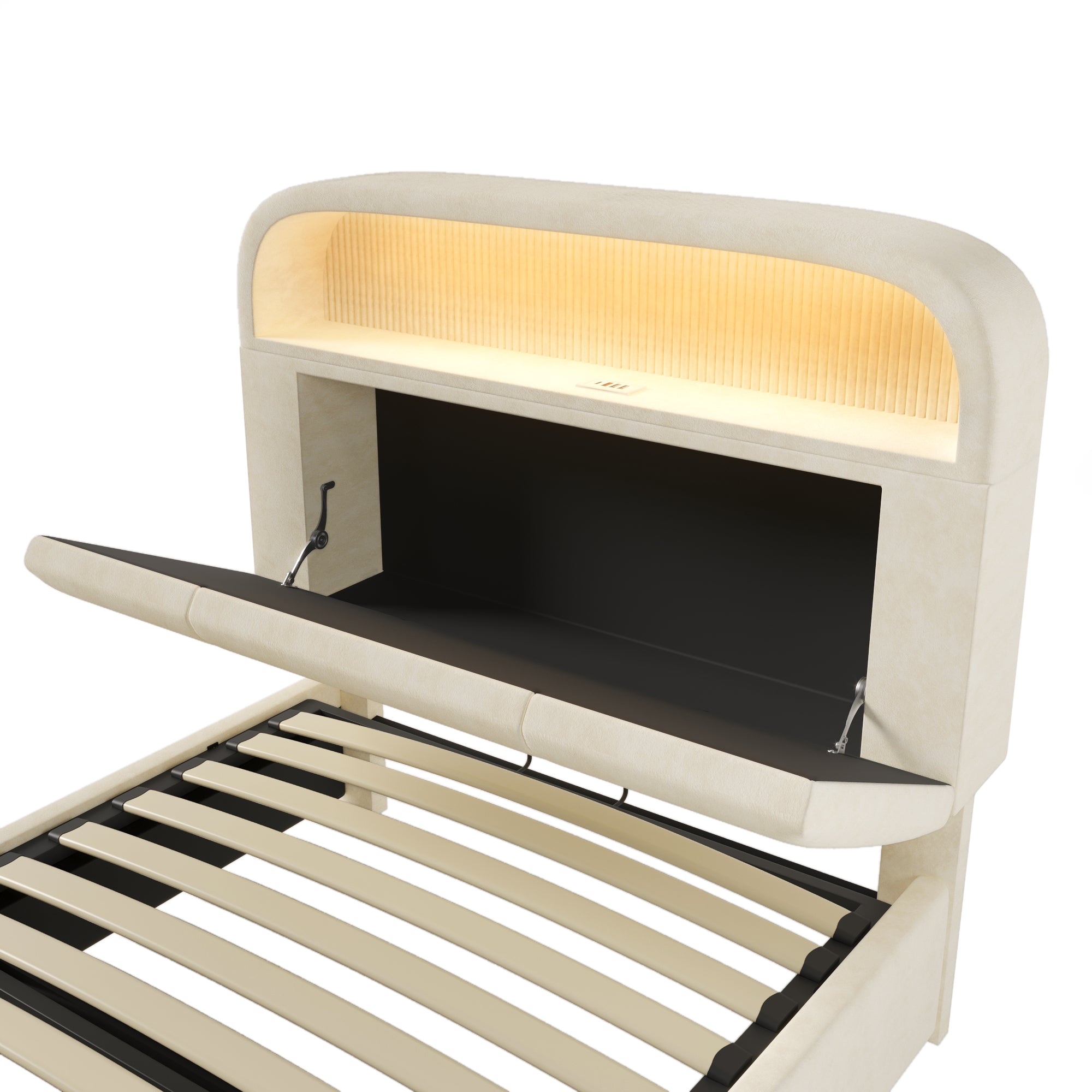 Logidon gestoffeerd bed 90x200 cm beige fluweel met opbergruimte hoofdbord, LED