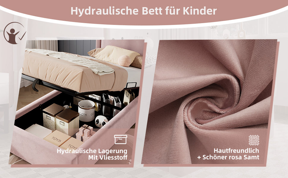 Logidon gestoffeerd bed kinderbed roze 90x200 cm met matras