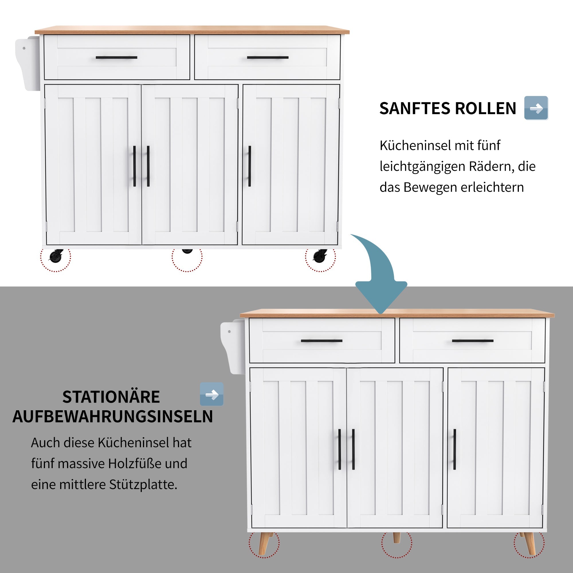 Logidon keukeneiland 129x46 cm met opklapbaar tafelblad, 5 wielen, wit