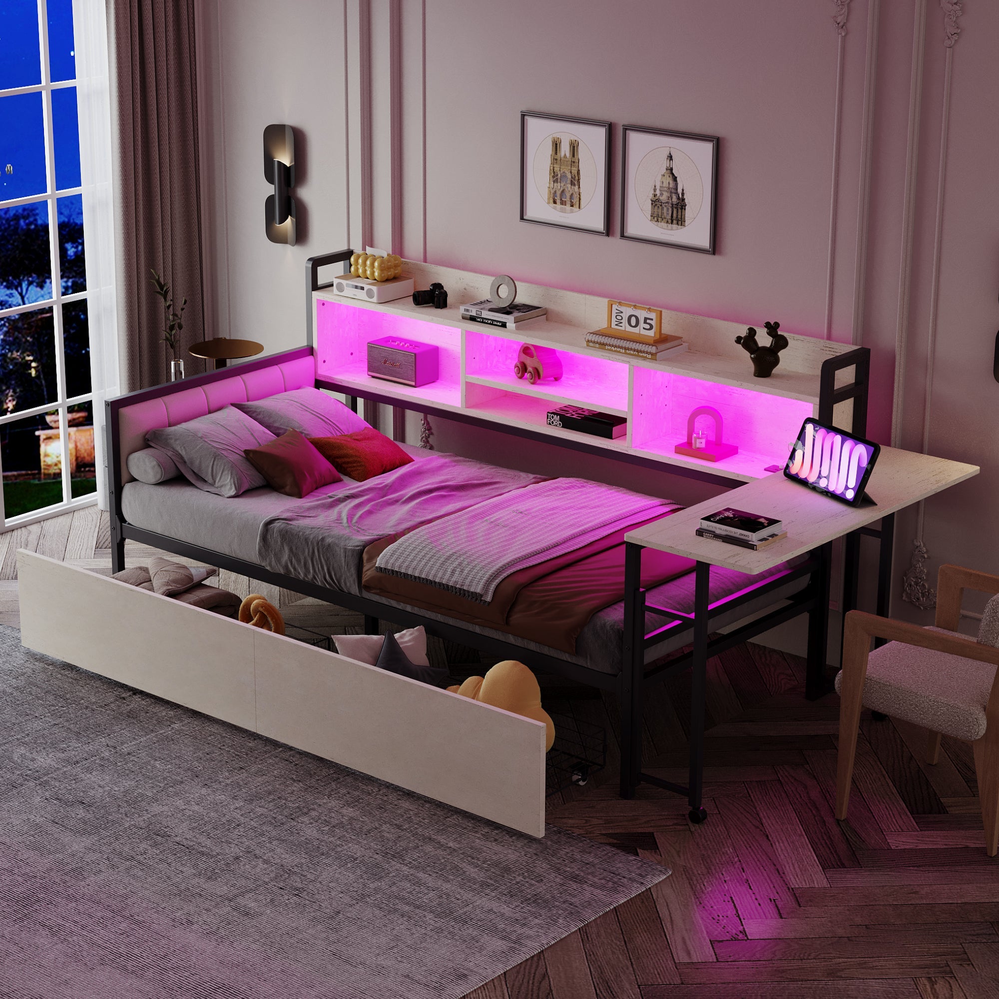 Logidon ijzeren slaapbank 90x200 cm met LED-verlichting opbergruimte wit