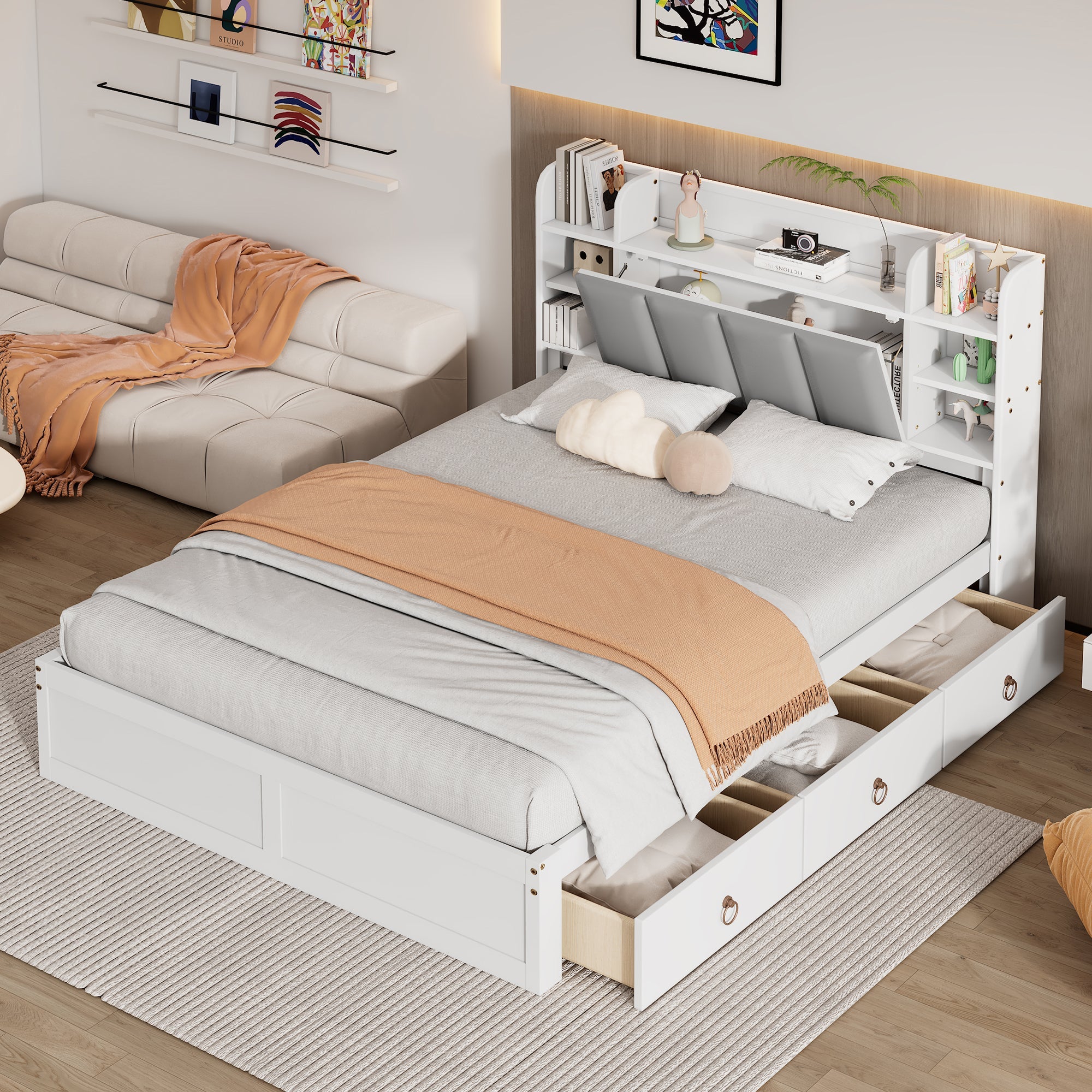 Logidon tweepersoonsbed witgrijs 140x200 cm plank drie lades op wielen